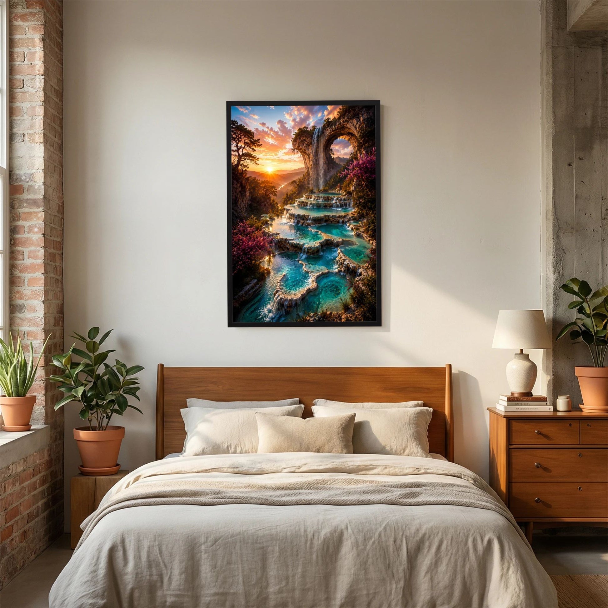 Kunstposter Hochformat mit schwarzem Rahmen, Wasserfall und türkisfarbene Wasserterrassen im Felsentor