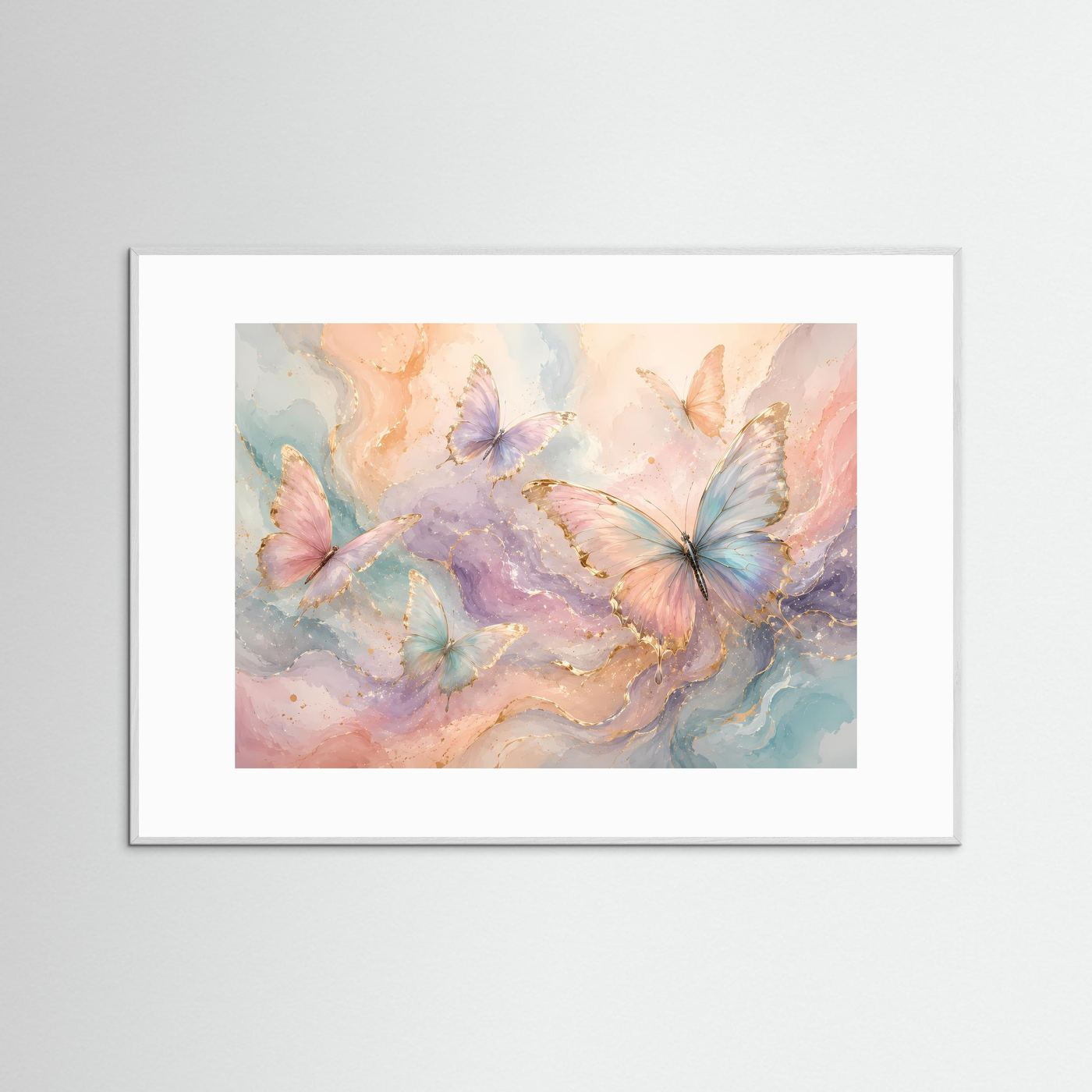 Pastell Schmetterlinge Poster | Elegante Schmetterlingskunst in Rosa Blau Gold | Moderne Aquarell Wanddekoration | Abstrakter Kunstdruck