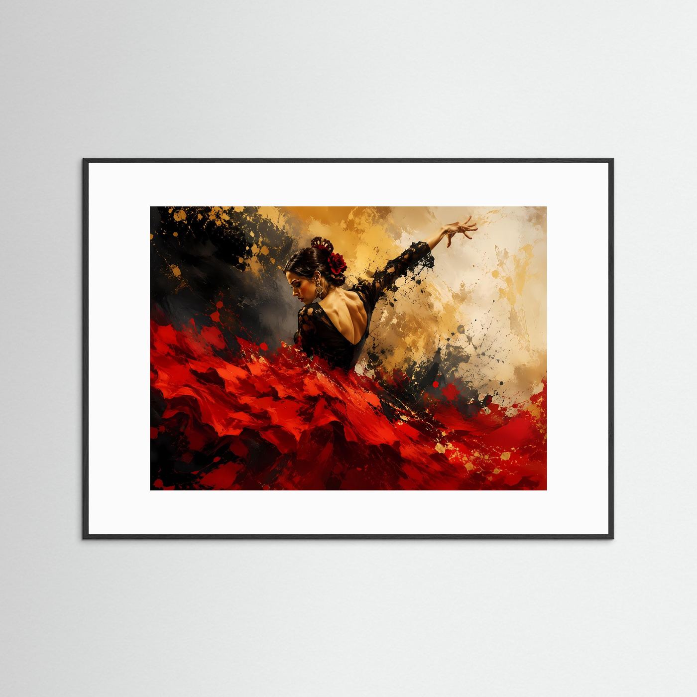 Leidenschaftliche Flamenco-Tänzerin in Rot & Gold | Modernes Abstraktes Tanz Poster Querformat