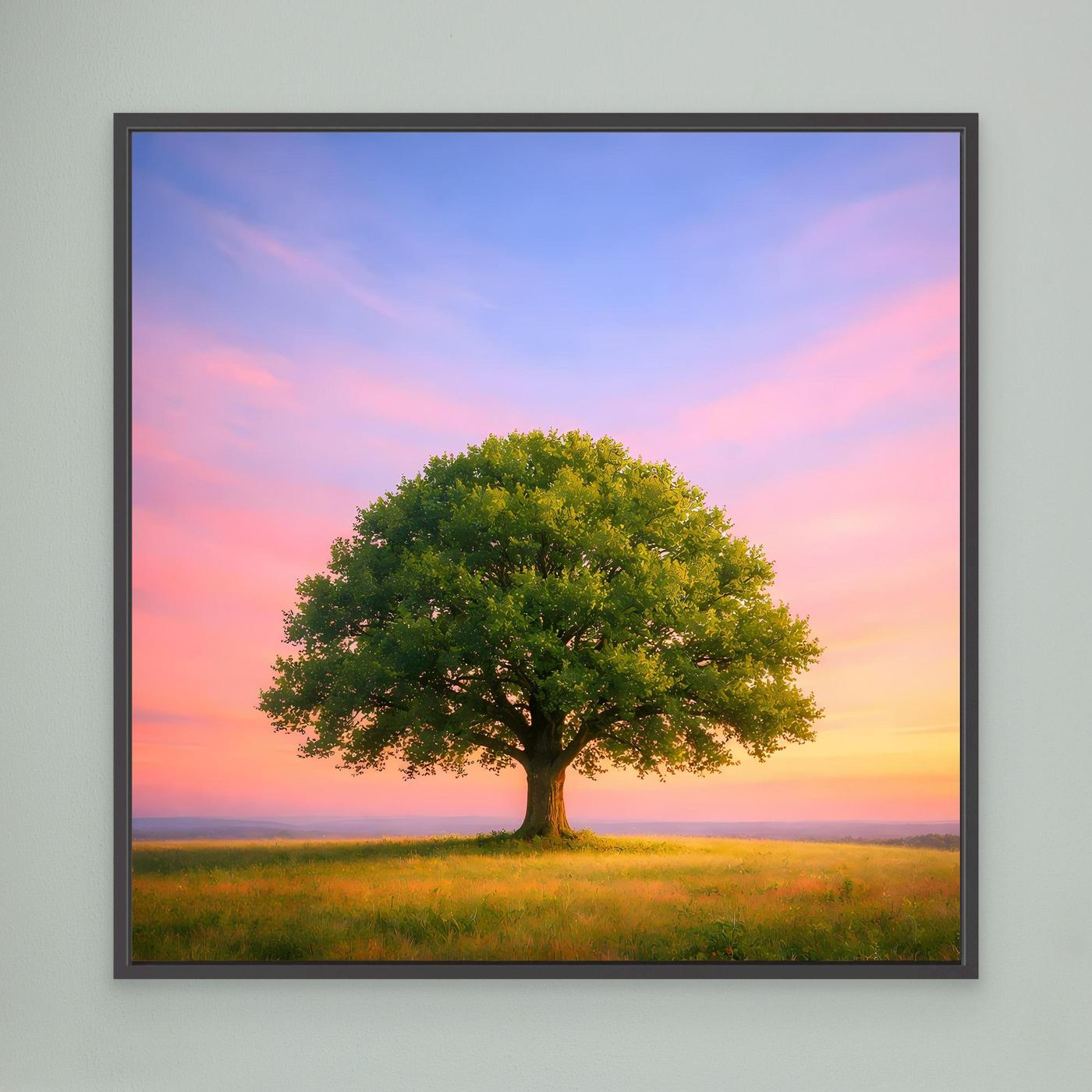 Leinwandbild mit Baum auf Wiese bei Sonnenuntergang, rosa Himmel, schwarzer Rahmen