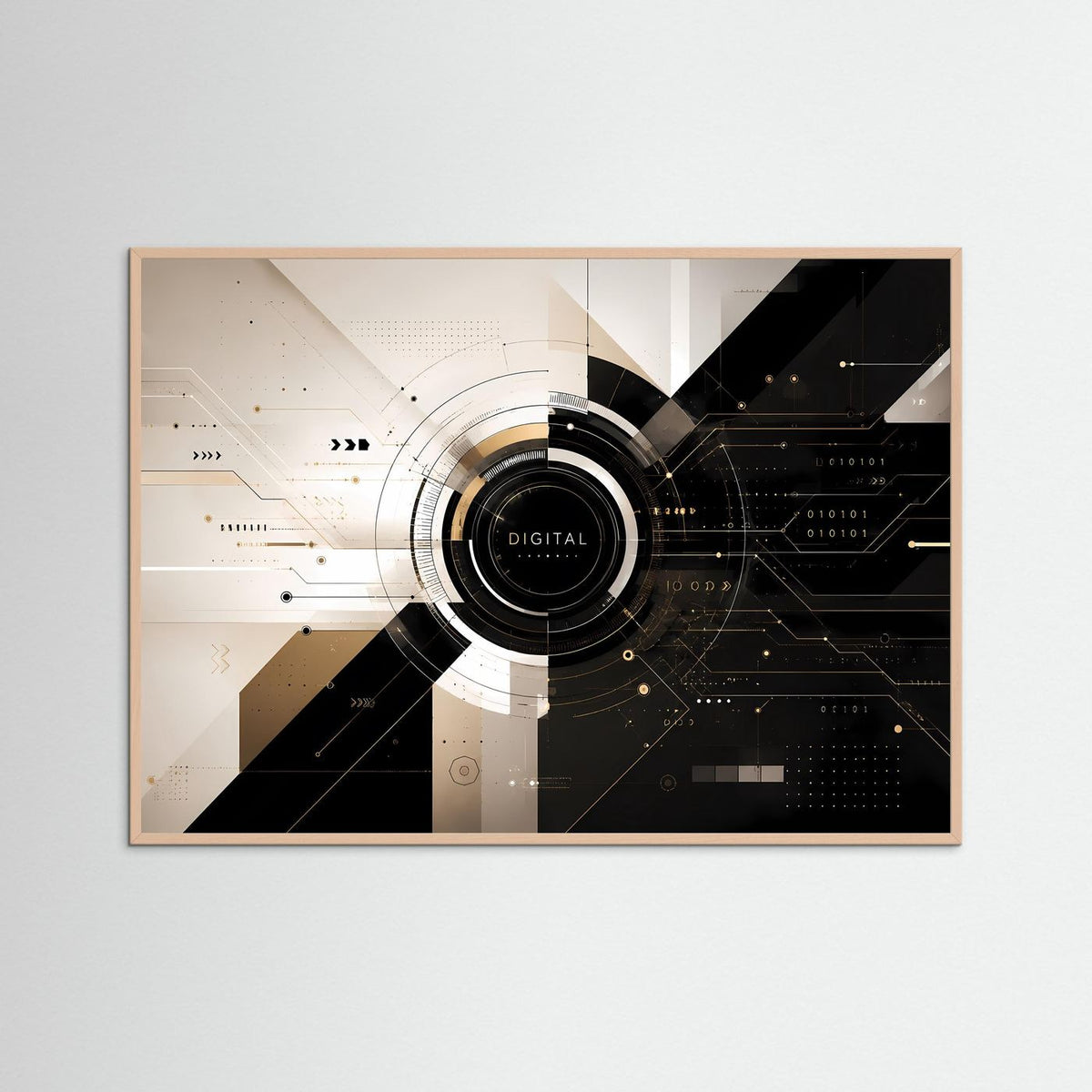 Abstraktes Tech-Poster im Querformat mit Digital-Emblem, beigem Holzrahmen