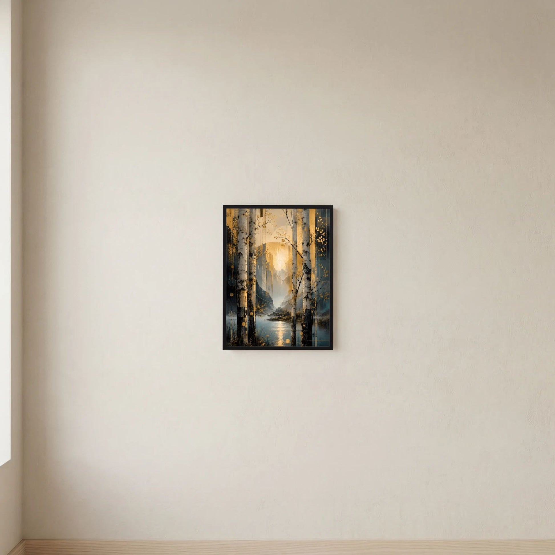Hochformat-Poster mit Birkenwald-Landschaft, goldene Lichtbahn, Petrolfarben und See