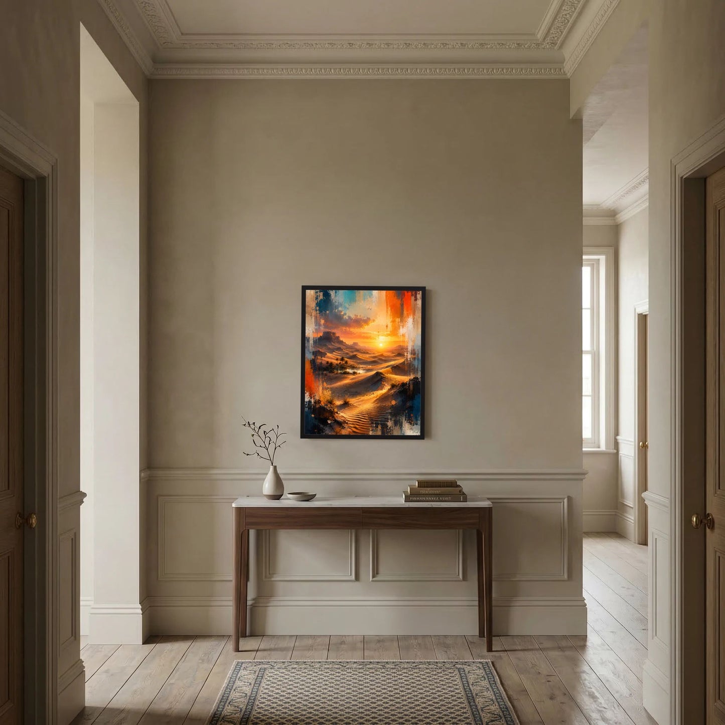 Wandposter im Hochformat mit orange-blauem Dünenlandschafts-Motiv und Sonnenuntergang