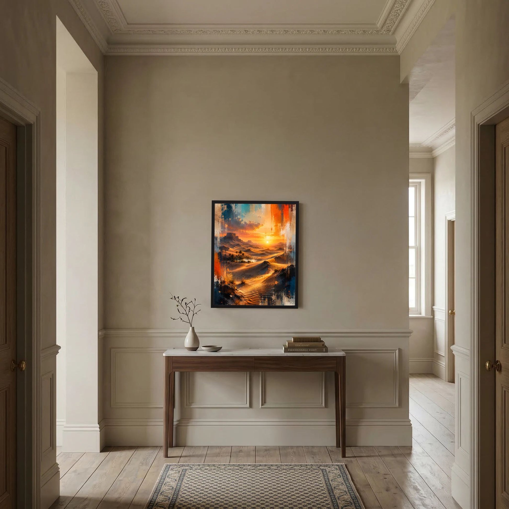 Wandposter im Hochformat mit orange-blauem Dünenlandschafts-Motiv und Sonnenuntergang