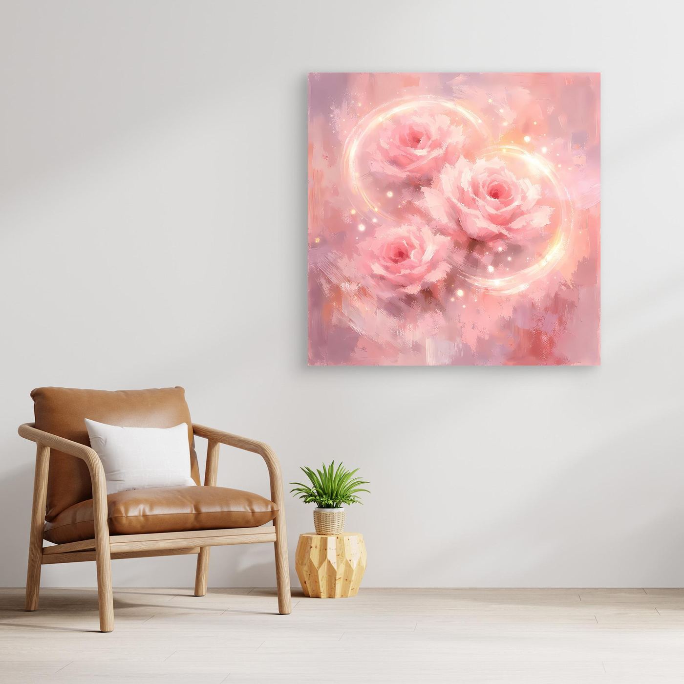 Abstraktes Leinwandbild ohne Rahmen, rosafarbene Rosen und helle Kreise, quadratisch