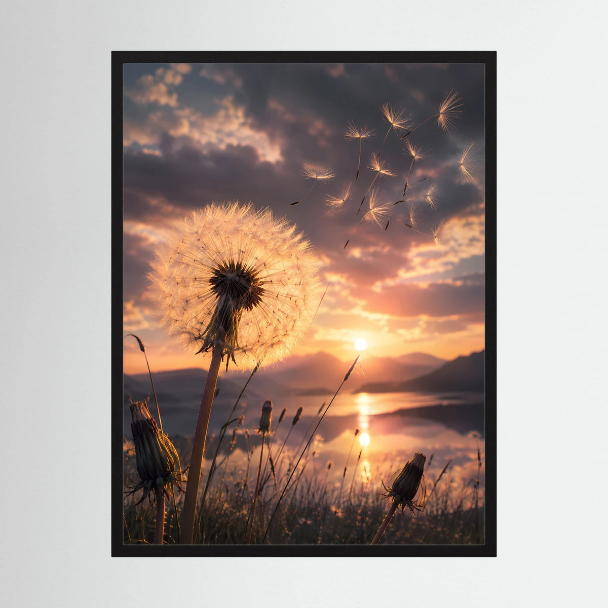 Poster im Hochformat mit Pusteblume im Sonnenuntergang und goldenem Himmel, schwarz gerahmt