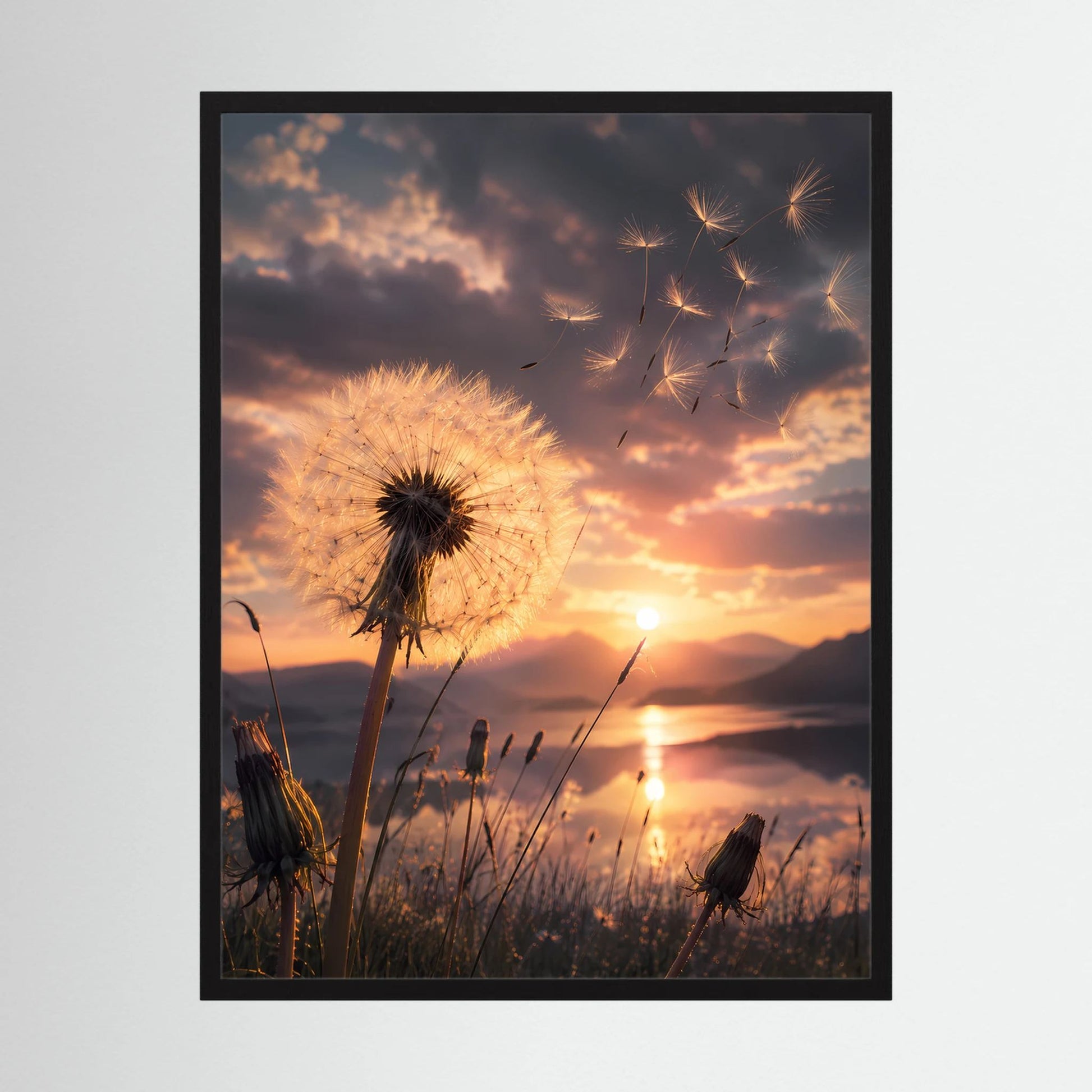 Poster im Hochformat mit Pusteblume im Sonnenuntergang und goldenem Himmel, schwarz gerahmt