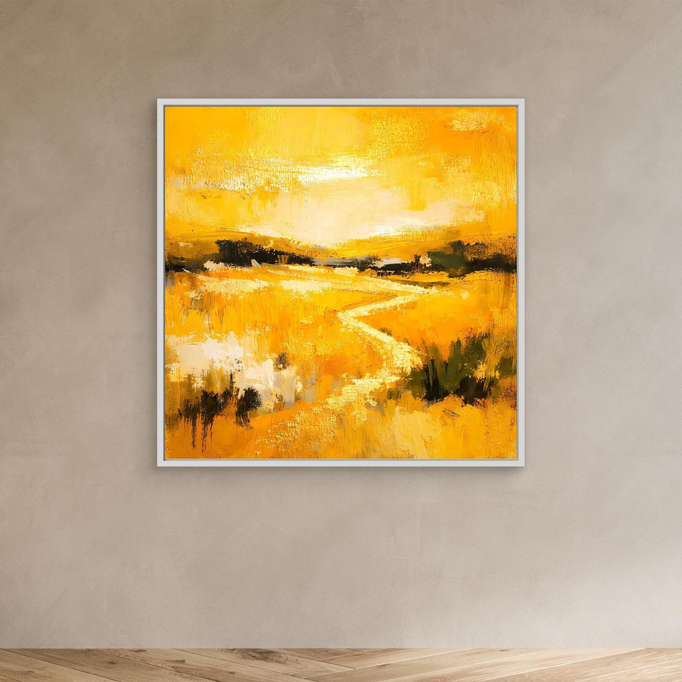 Leinwand Abstraktes Landschaftsgemälde in Gelb und Gold | Modernes Natur Wandbild mit Fluss