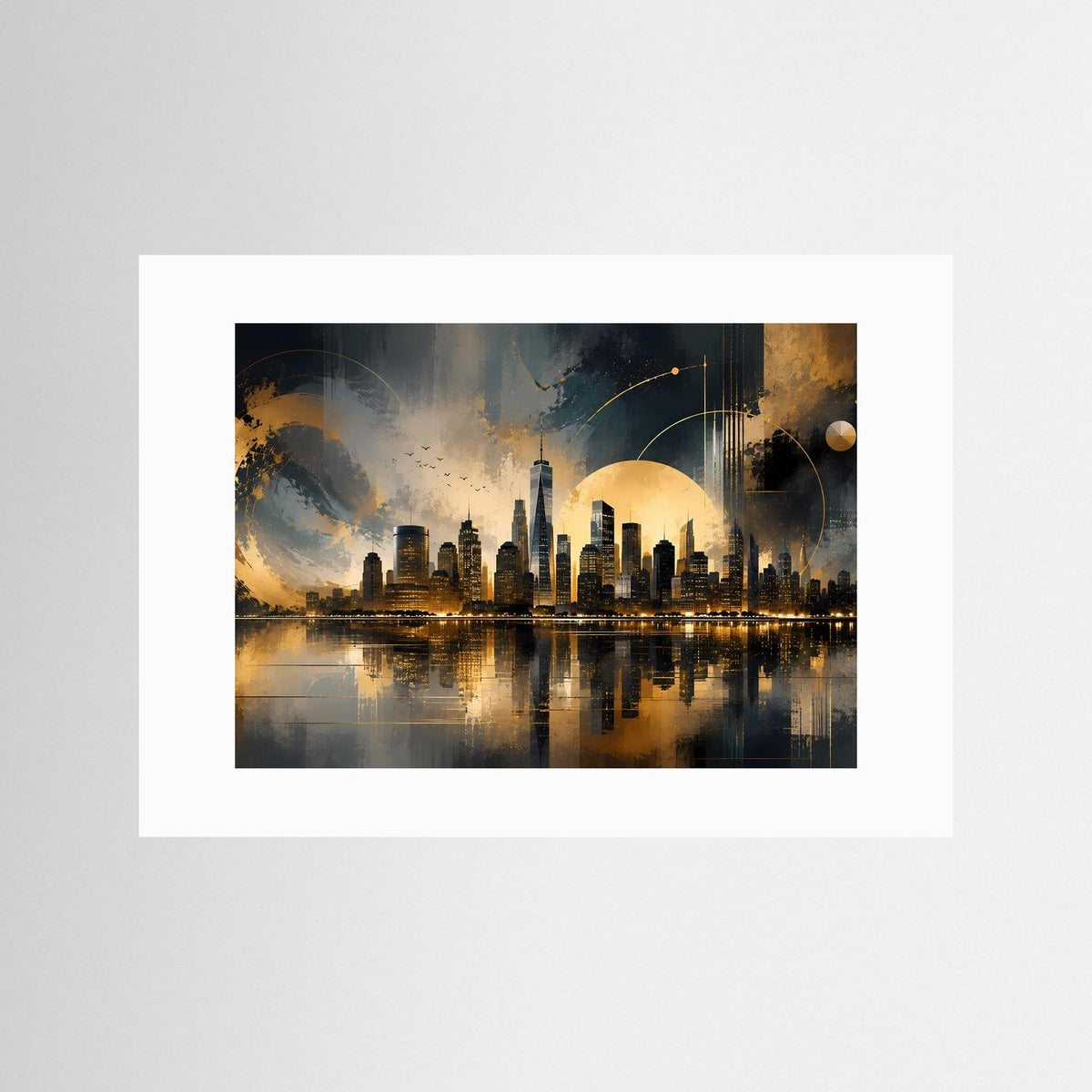 Querformatiges Poster mit weißem Passepartout, New-York-Skyline in Schwarz und Gold