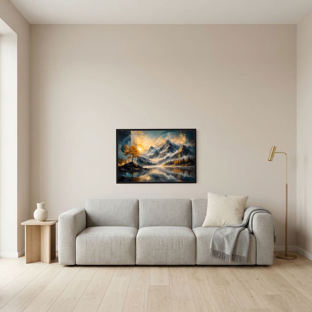 Wandposter Querformat mit Bergsee, Herbstbaum, Sonnenaufgang, schwarzer Rahmen