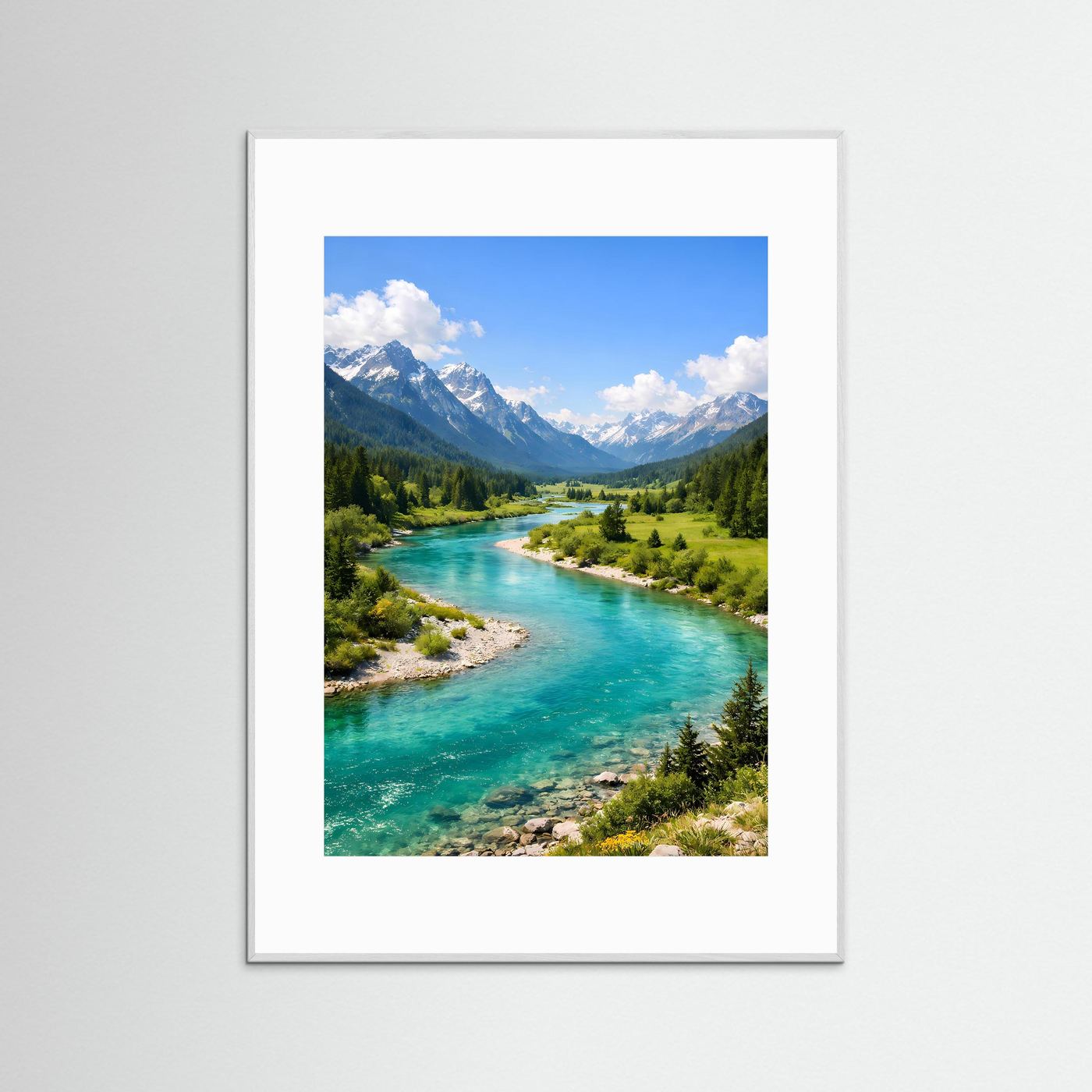 Naturposter Hochformat mit türkisfarbenem Fluss und Bergen, silbergrauer Rahmen