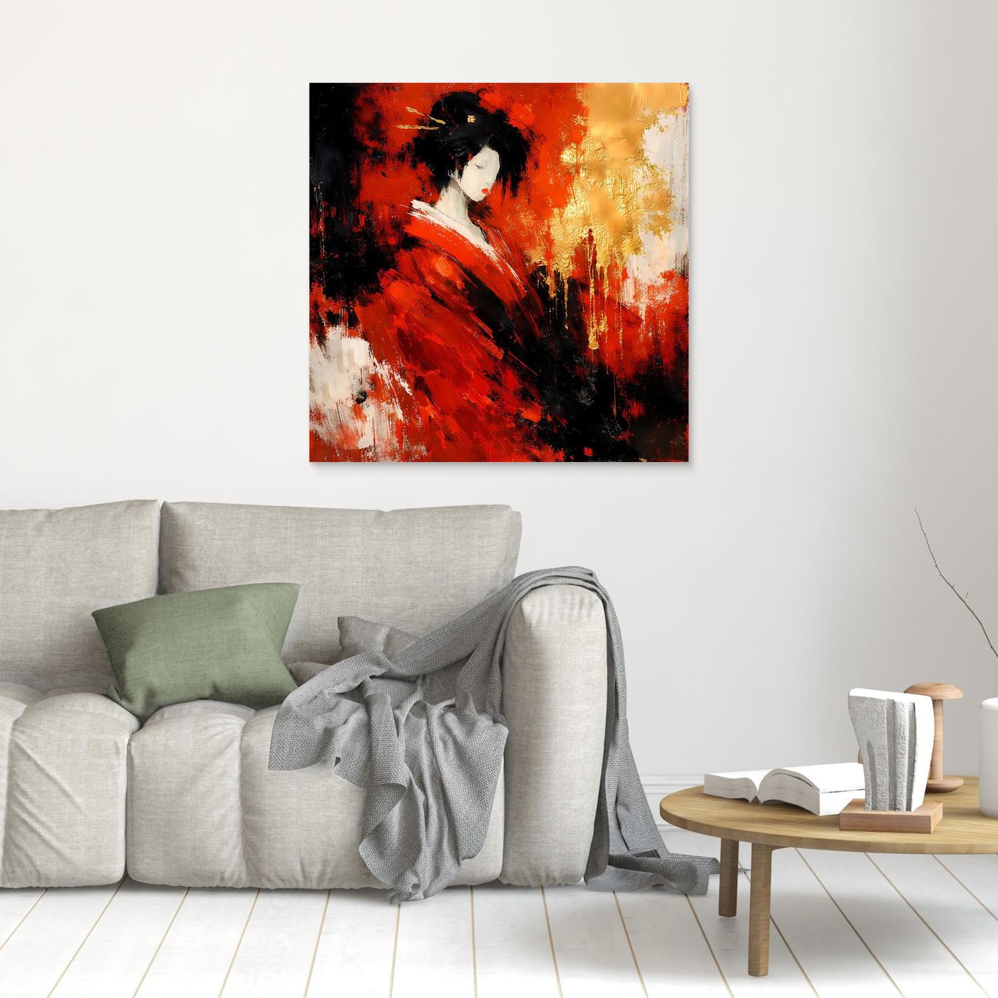 Leinwand Elegante Geisha im Roten Kimono | Abstraktes Asiatisches Wandbild Moderne Kunst