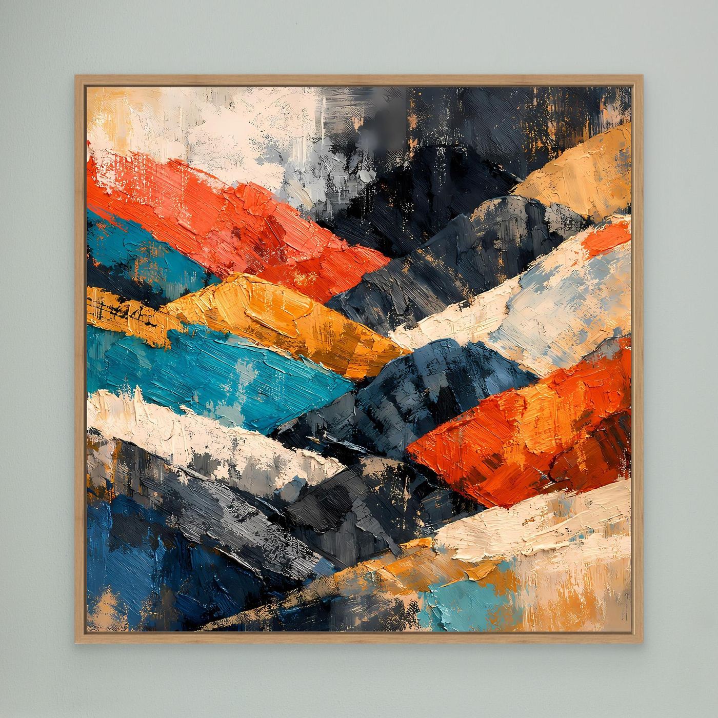 Abstraktes Berglandschaft-Wandbild mit hellem Holzrahmen, Detailansicht; Pinselstriche in Blau und Orange.