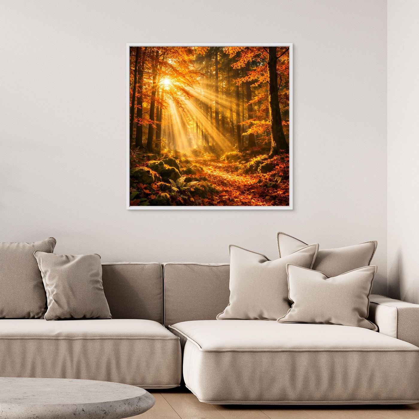 Gerahmtes Leinwandbild „Goldener Herbstwald“: Bäume im Gold-Orange-Licht, Sonnenstrahlen