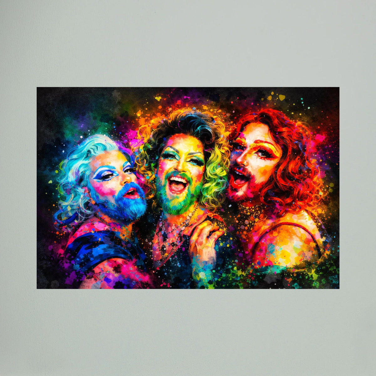 Poster mit farbenfroher Porträtkunst von drei Drag-Queens, lebendige Farbverläufe