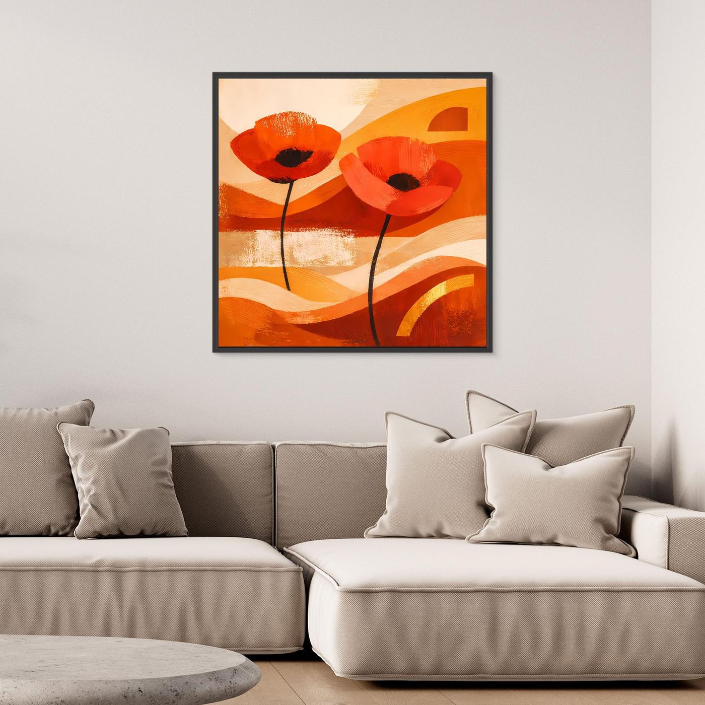 Gerahmtes Wandbild mit zwei großen Mohnblüten in Orange und Rot auf hellem Grund