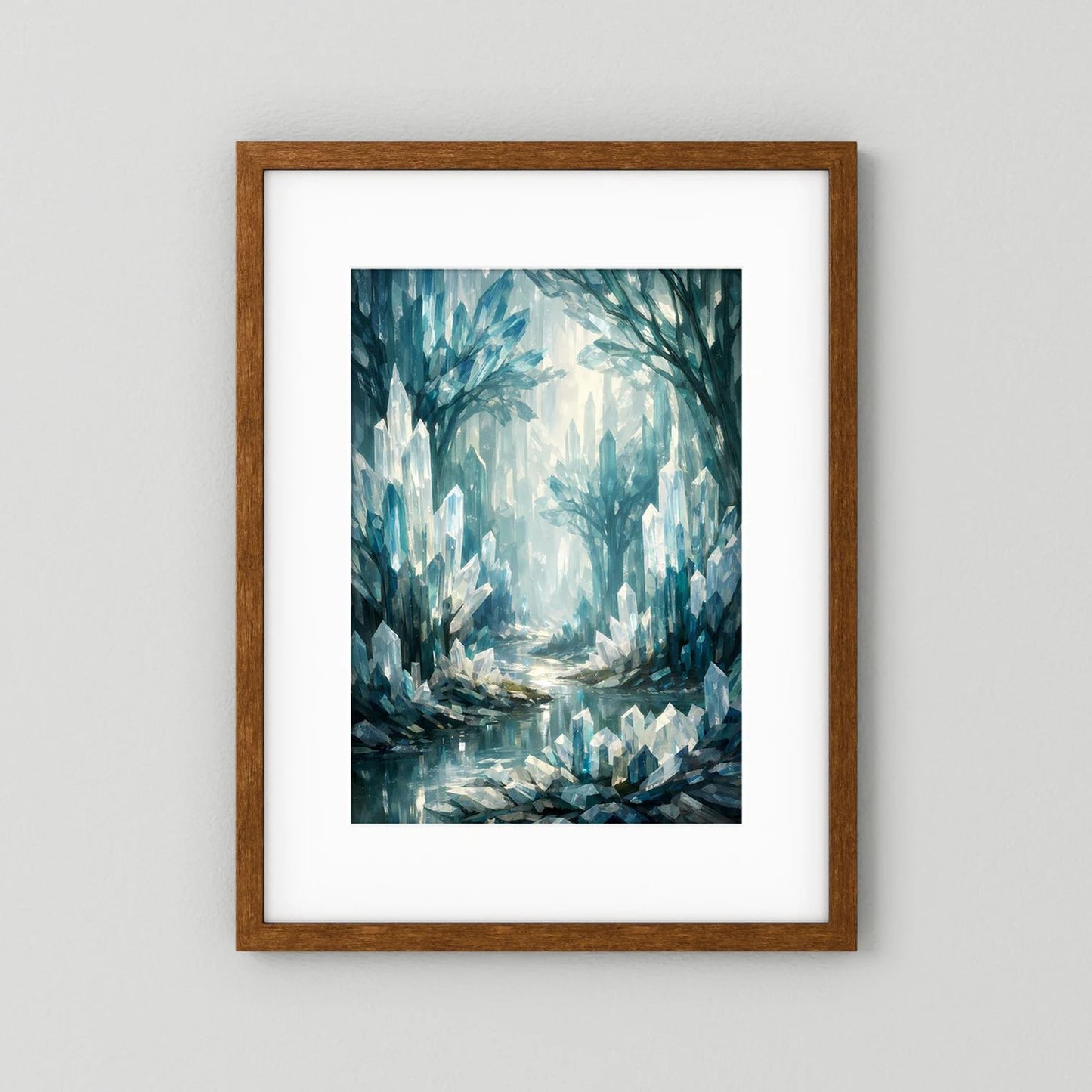 Poster mit braunem Holzrahmen und weißem Passepartout: blauer Kristallwald mit Wasser