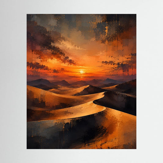 Hochformat-Poster mit abstrakten Sanddünen bei Sonnenuntergang, dunkler Rand