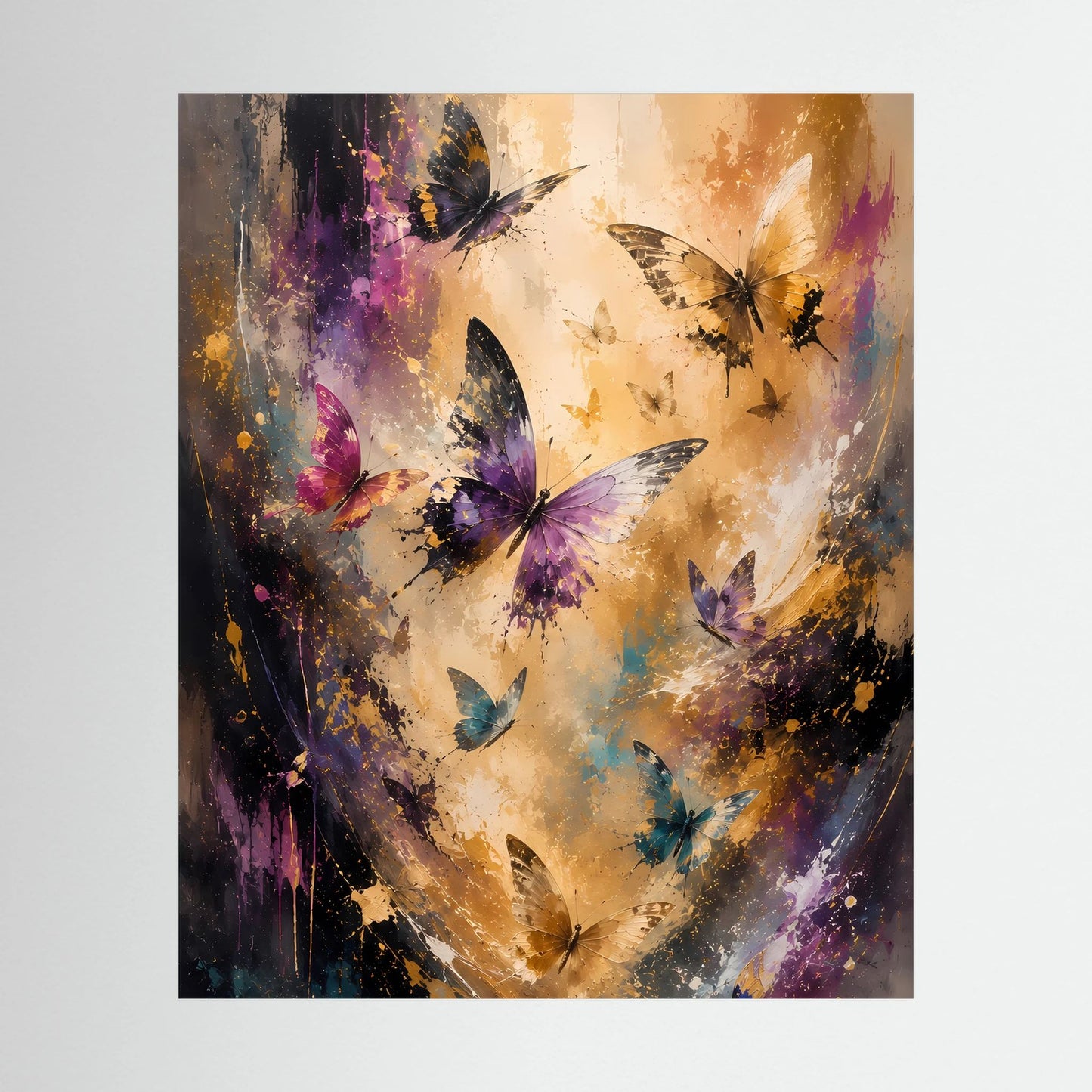 Poster mit abstrakten Schmetterlingen in Gold, Violett und Blau auf hellem Hintergrund