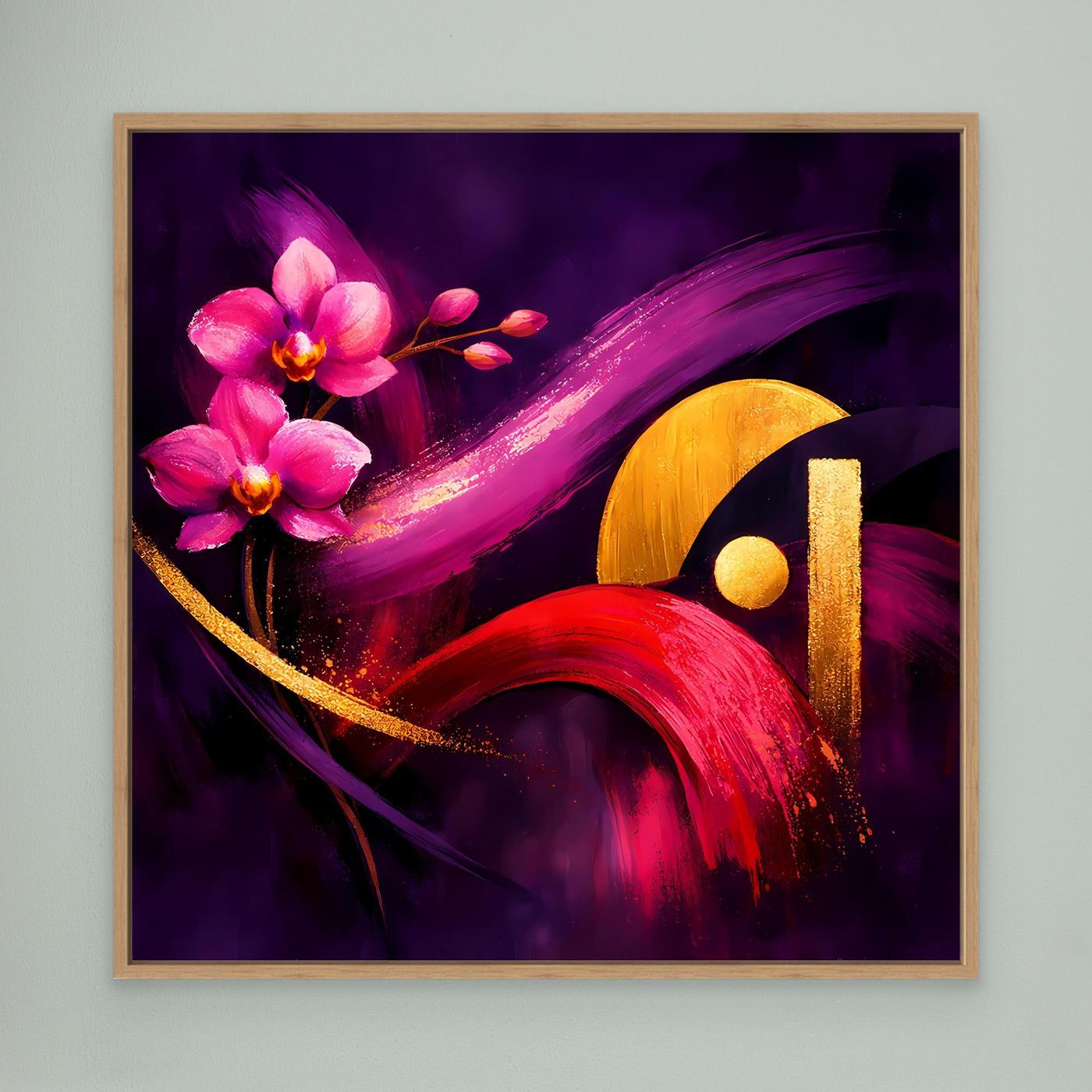 Leinwandbild im hellen Holzrahmen mit pinken Orchideen, roten Pinselstrichen und Goldakzenten