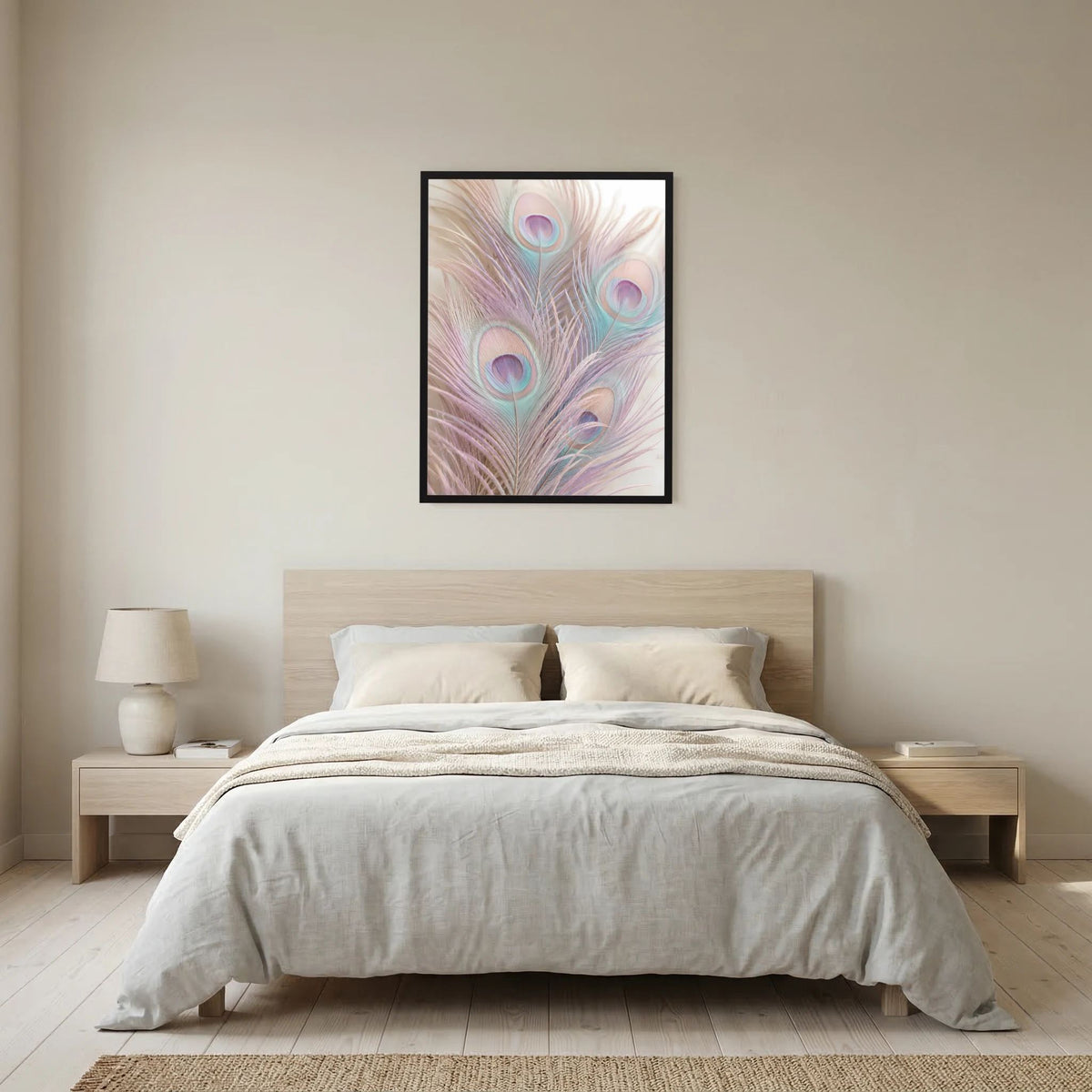 Hochformat-Poster mit Pastell-Pfauenfedern in Rosa und Türkis, gerahmt in Schwarz