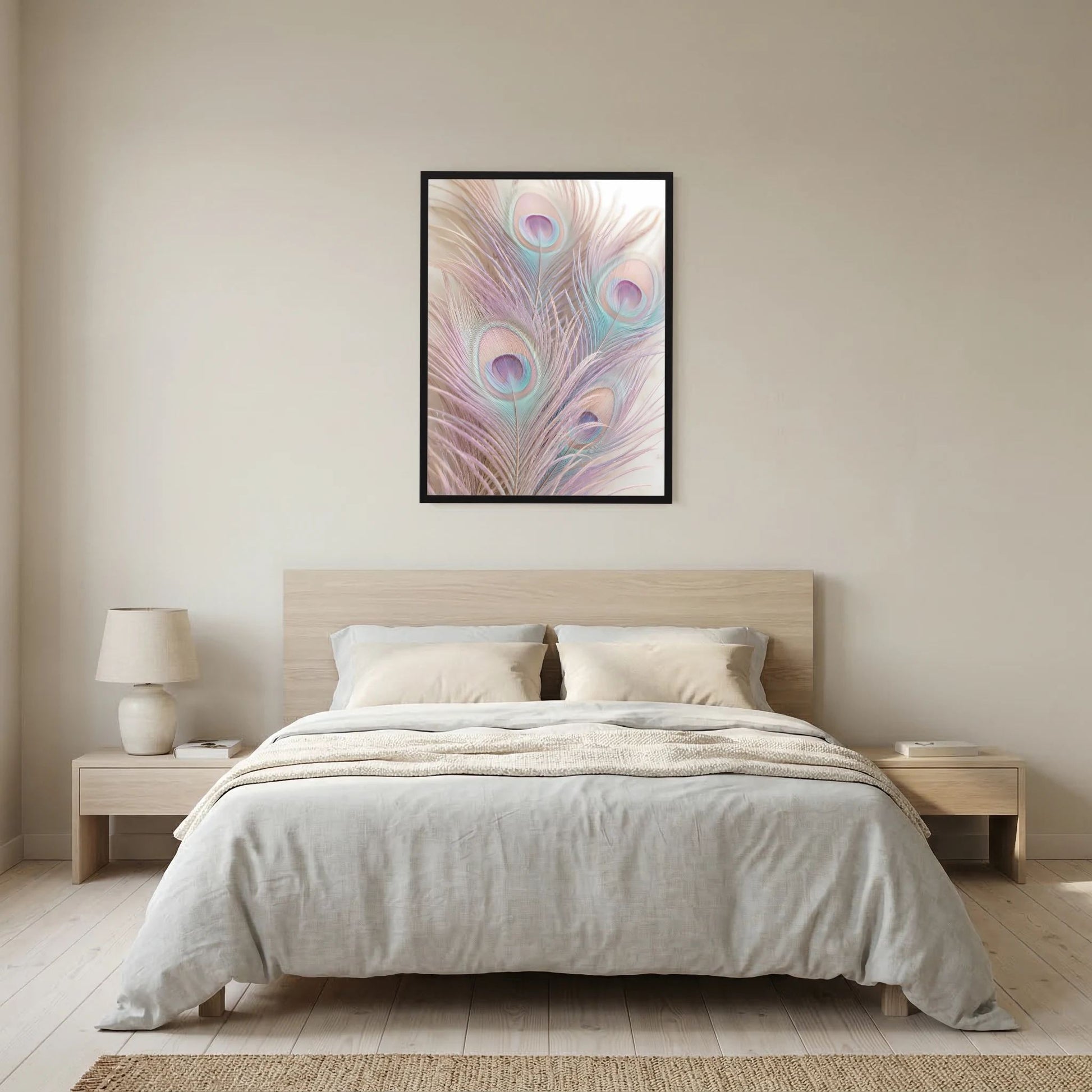 Hochformat-Poster mit Pastell-Pfauenfedern in Rosa und Türkis, gerahmt in Schwarz