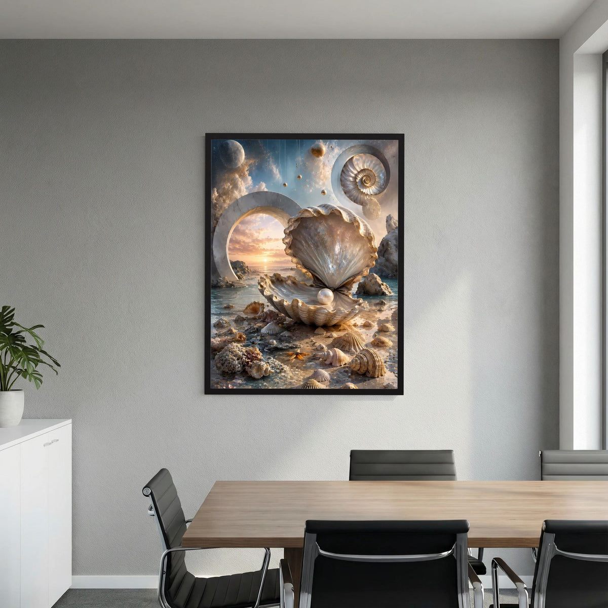Gerahmtes Poster mit Muschel und Perle, Meeresszene mit warmen Goldtönen