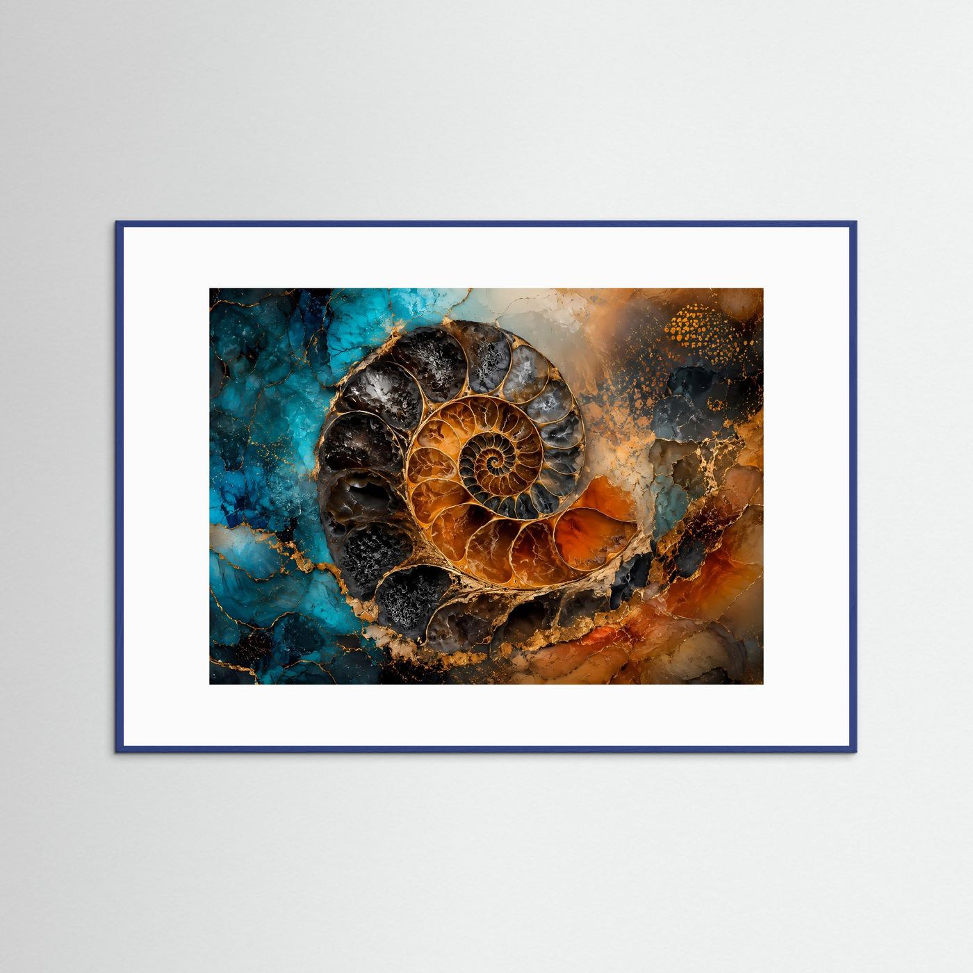 Geometrie der Zeit | Abstraktes Ammonit Fossil Poster mit Gold- und Ozean-Akzenten