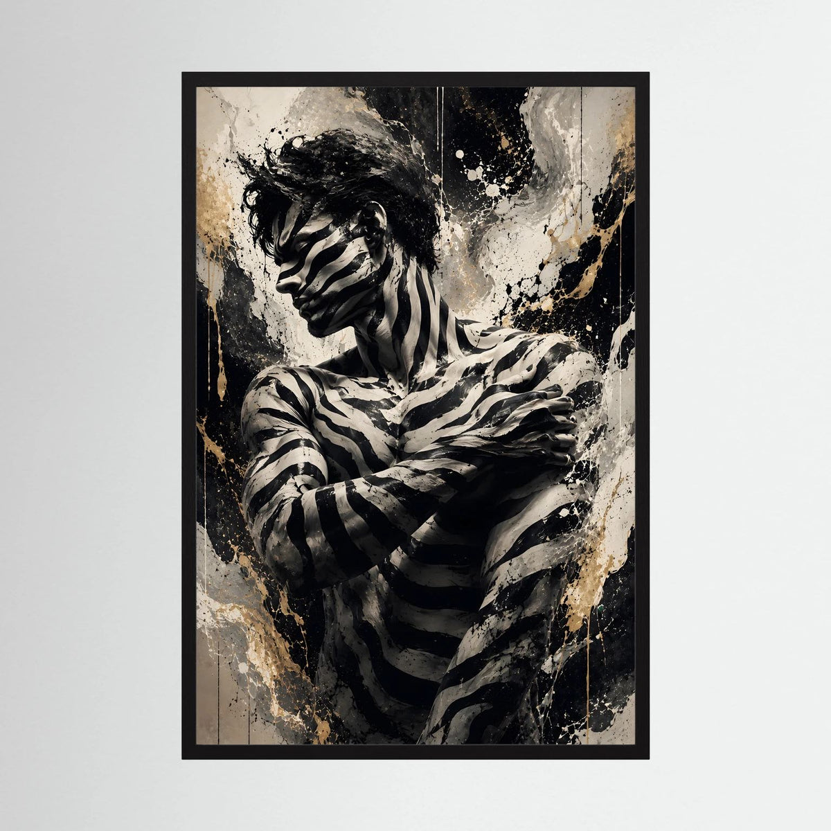 Wandkunst-Poster mit Zebra-Motiv in Schwarz, Goldakzenten und schwarzem Rahmen