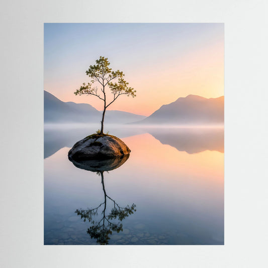 Kunstposter im Hochformat: Baum auf Steininsel im Bergsee bei Sonnenaufgang, Spiegelung.