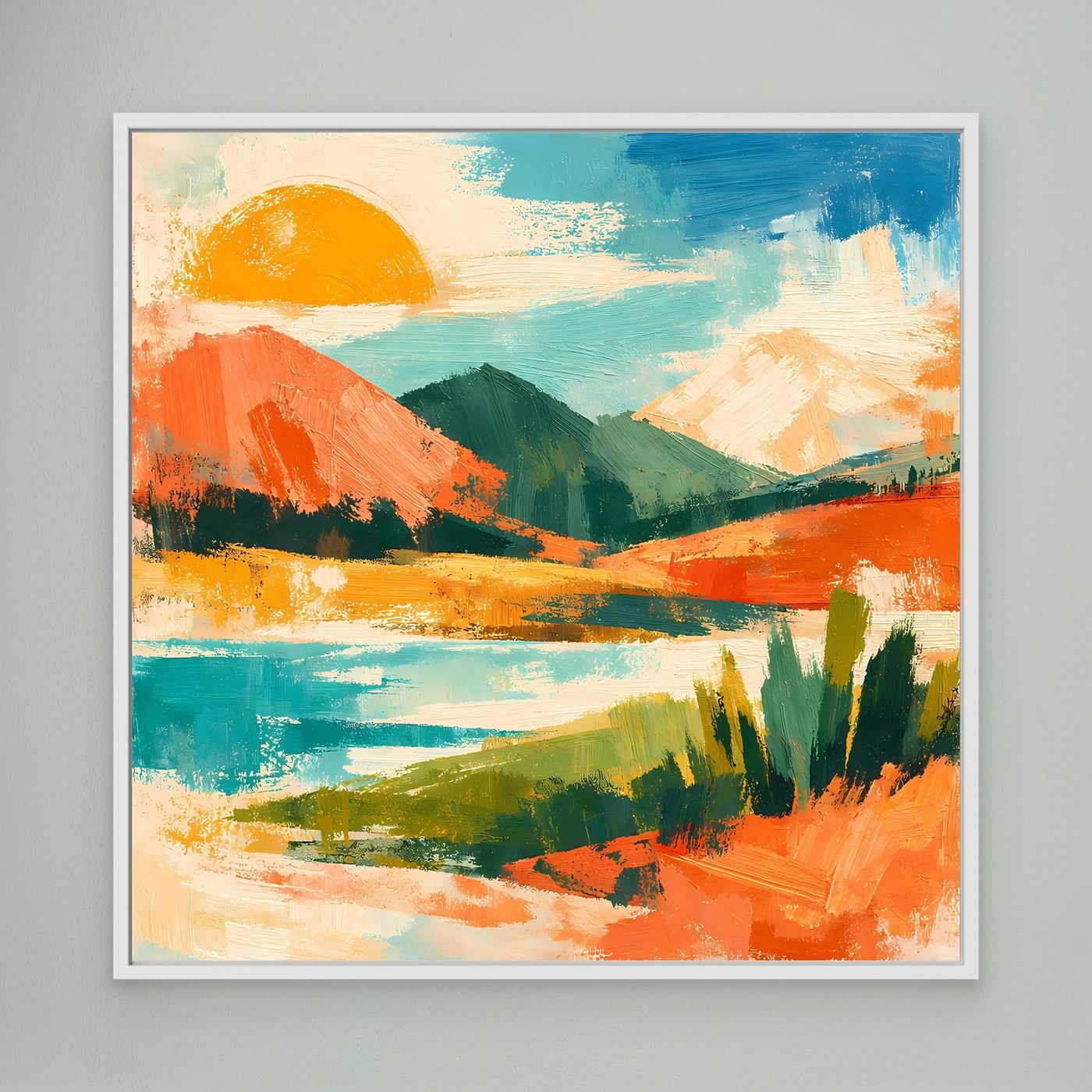 Gerahmtes abstraktes Leinwand-Wandbild mit See, Bergen und Sonnenmotiv in kräftigen Farben