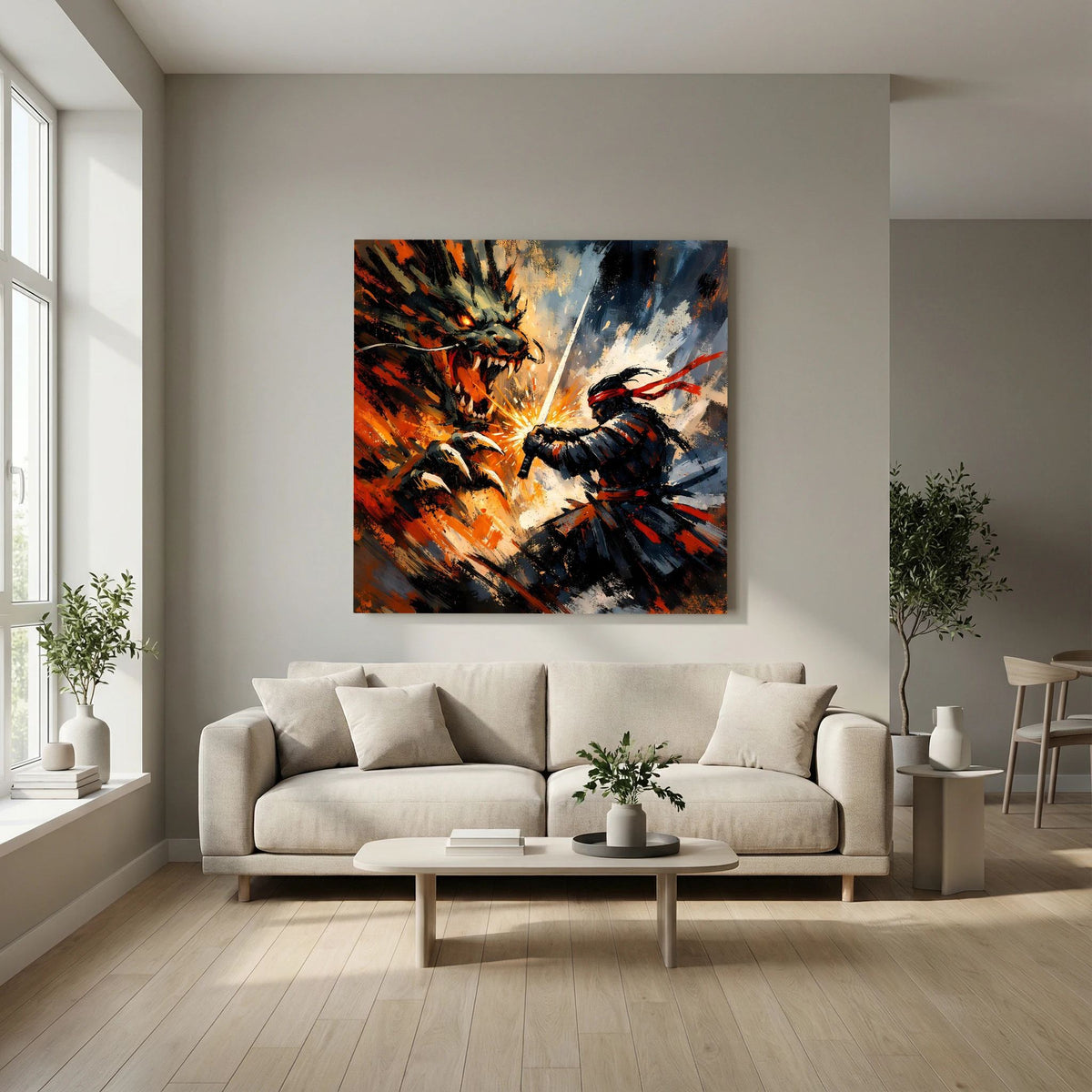 Quadratisches Leinwand-Wandbild: Samurai gegen Drache, orange-schwarze Farbexplosion mit blauem Lichtstrahl