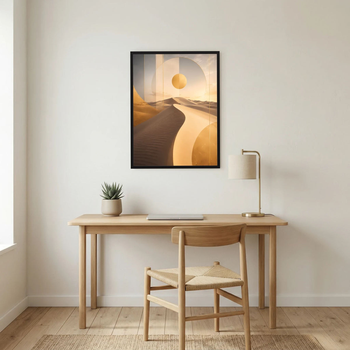 Hochformatiges Poster mit abstrakten Wüstendünen und goldener Sonne im dunklen Rahmen