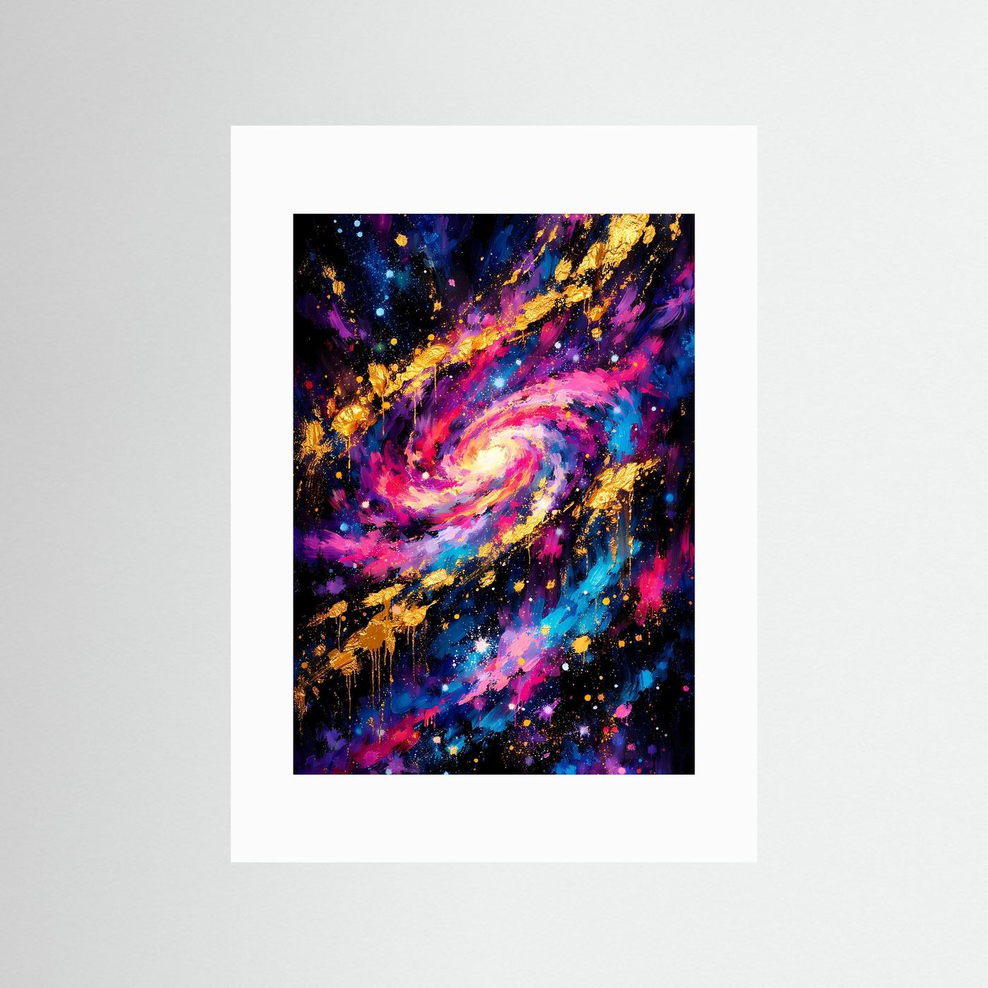 Galaxy-Poster im Hochformat mit weißem Passepartout, Neonfarben und goldenen Sternenakzenten