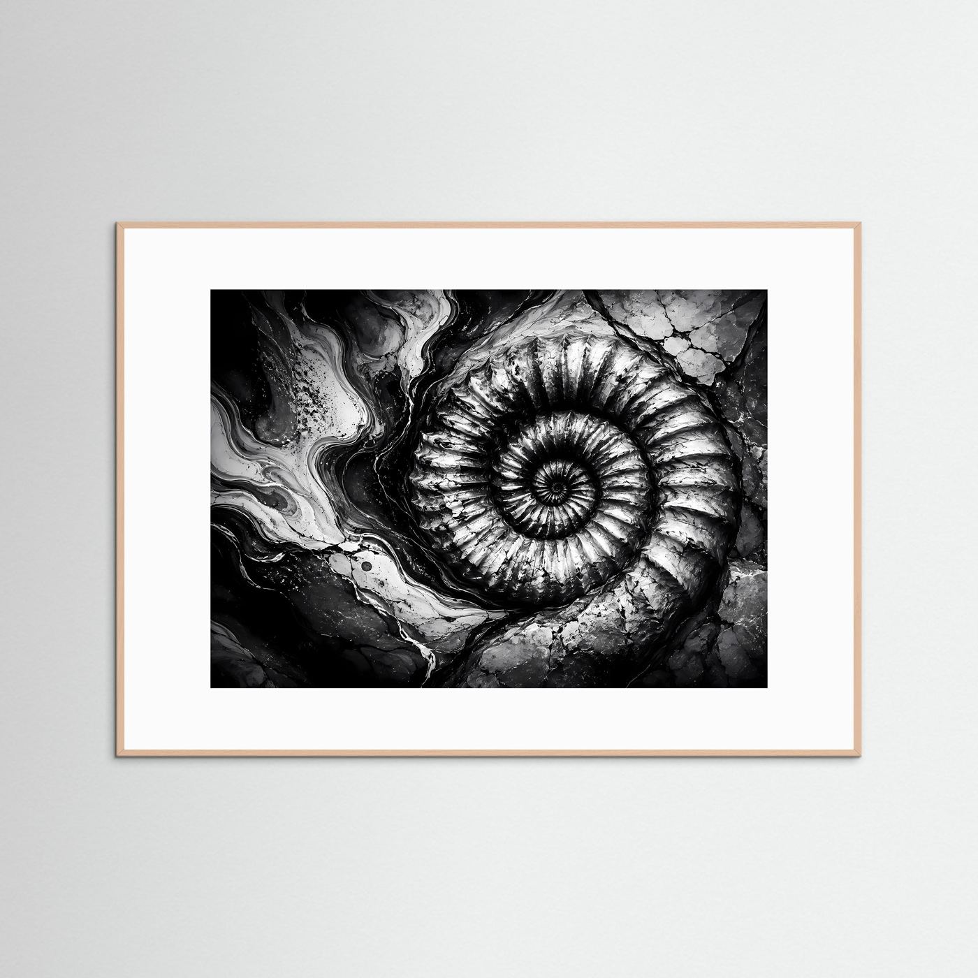 Ammonit Fossil Schwarz Weiß Poster | Geologische Wandkunst | Makro Fossilien Kunst | Monochrome Natur Fotokunst | Moderne Leinwand