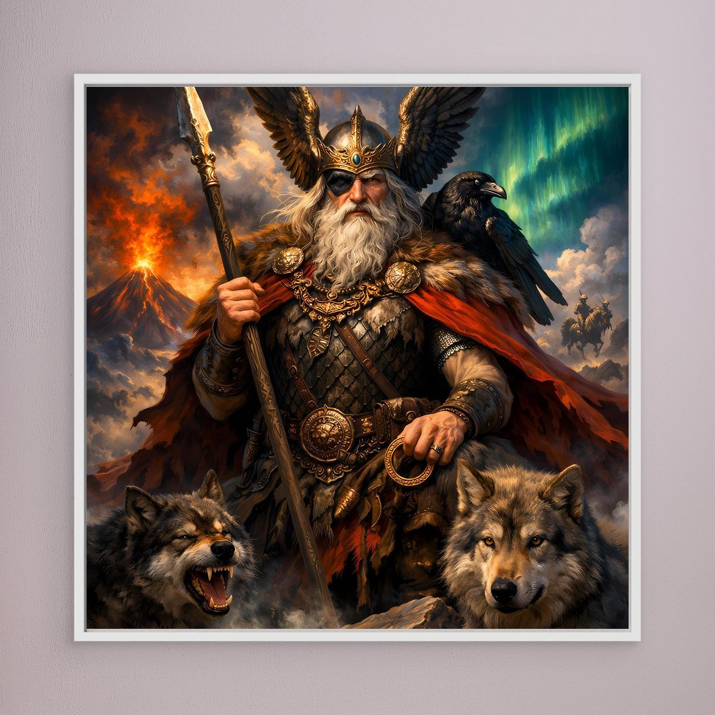 Leinwand Göttervater Odin mit Wölfen und Rabe | Mythologisches Wikinger Wandbild
