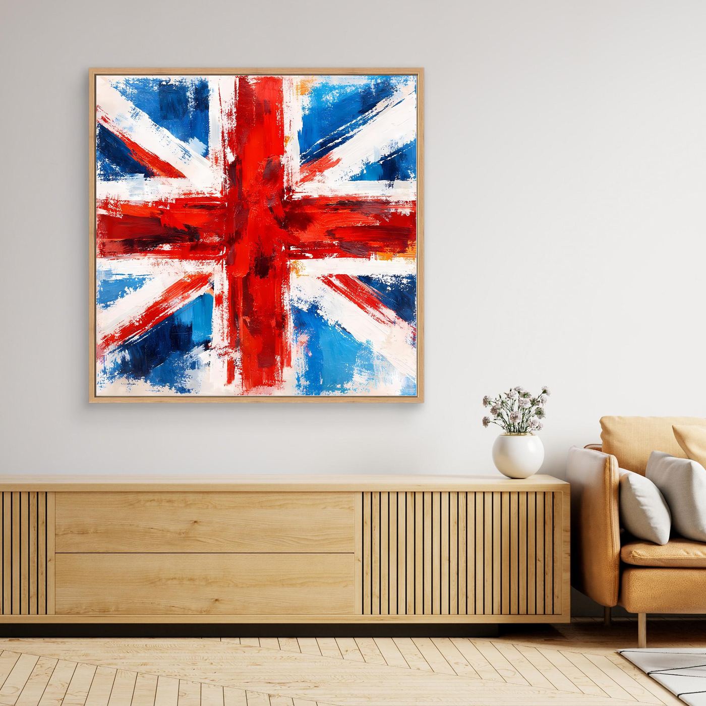 Abstract Union Jack wall art in oak frame, bold red and blue cross with white paint texture