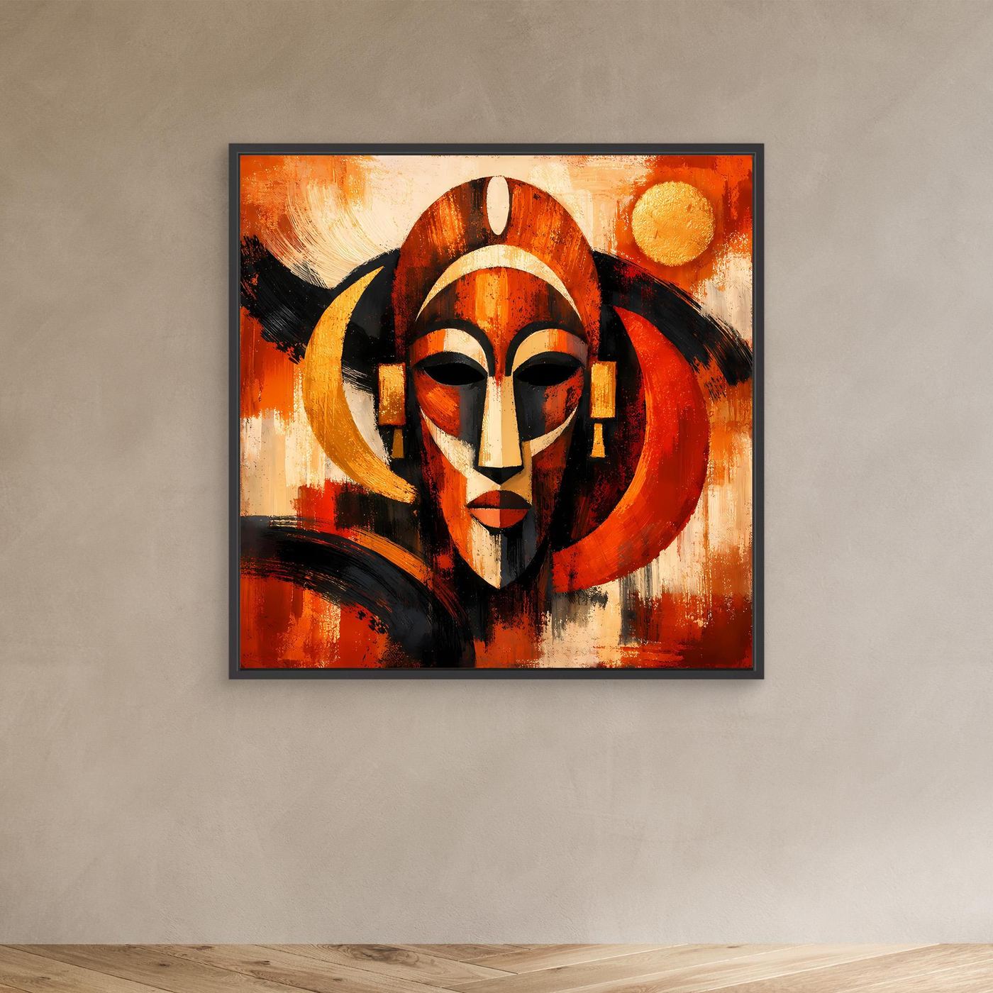 Wandbild mit schwarzem Rahmen, abstrakte afrikanische Maske in Orange und Schwarz