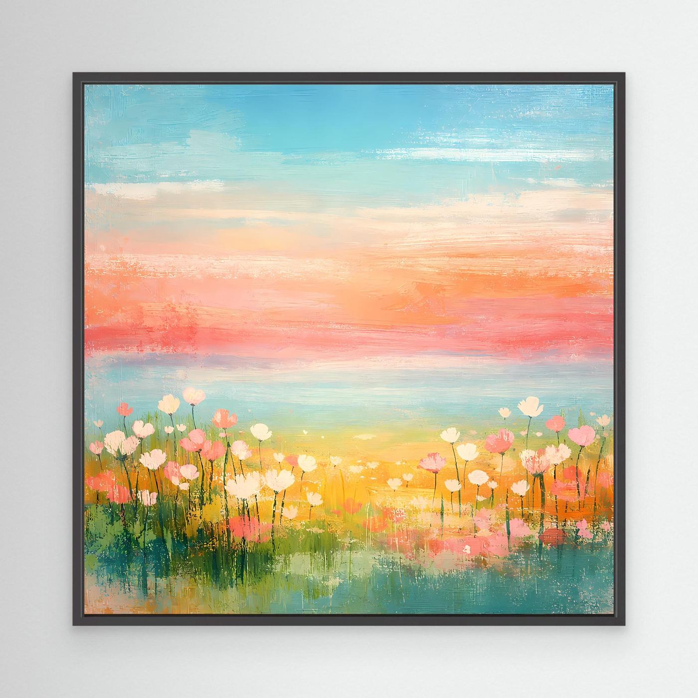 Abstraktes Leinwandbild mit schwarzem Rahmen: Blumenwiese am Meer, Pastellhimmel