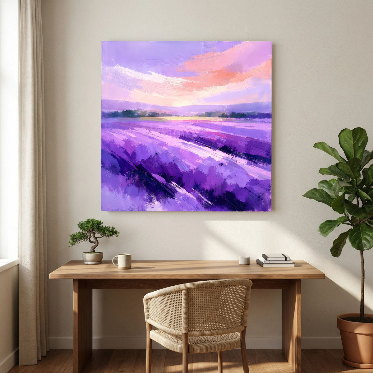 Lila abstraktes Leinwandbild mit Lavendelfeld, kräftige violette Pinselstriche und pinkoranger Himmel
