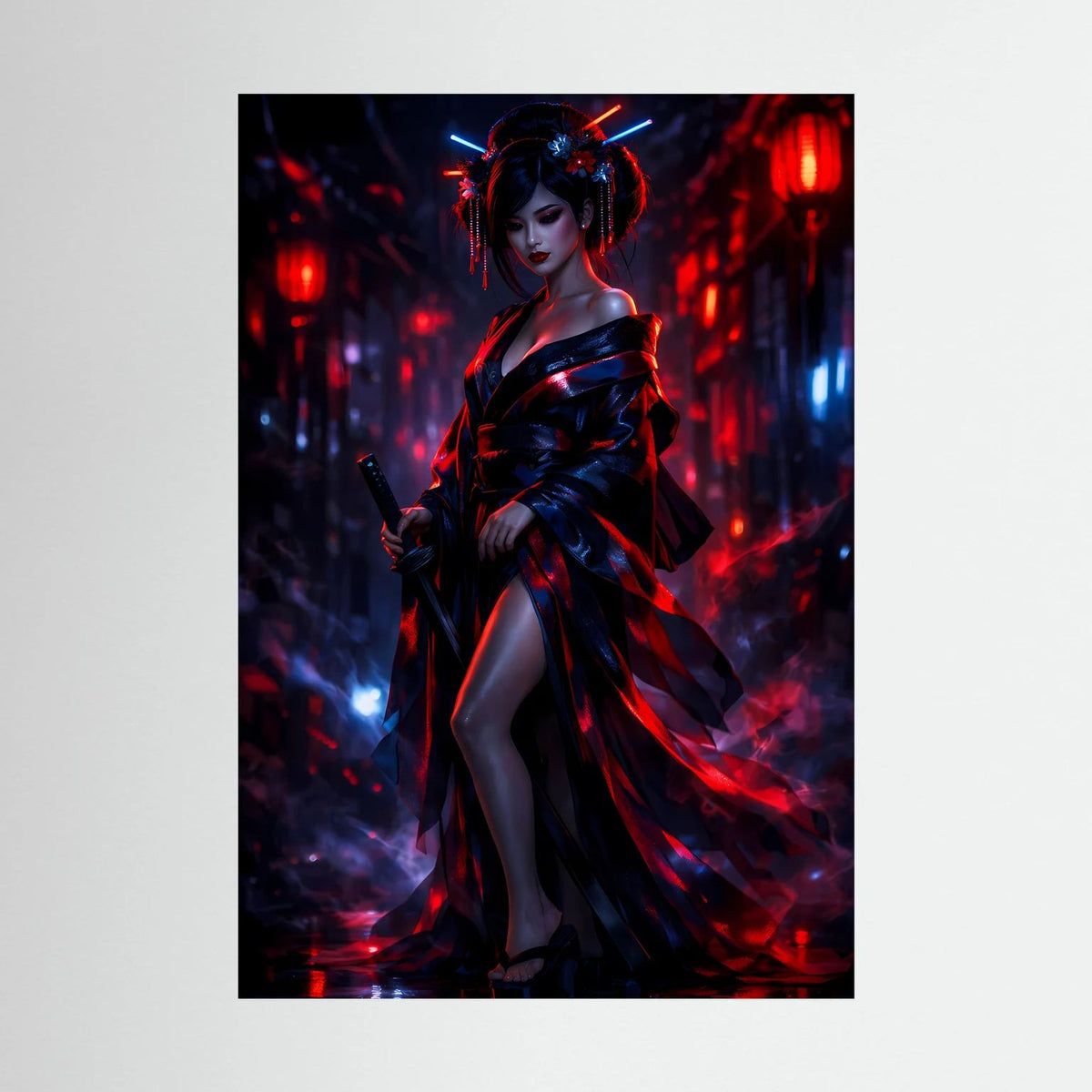 Neon-Wandbild mit Samurai-Kriegerin, Katana in der Hand, rotes und blaues Licht im Rahmen