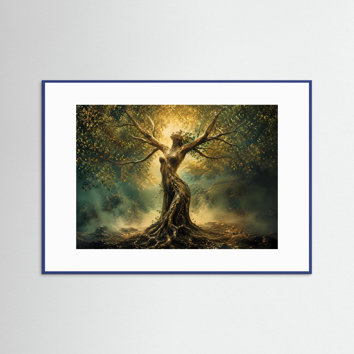 Göttin des Waldes | Mystischer Lebensbaum in Gold & Grün – Fantasy Wandkunst
