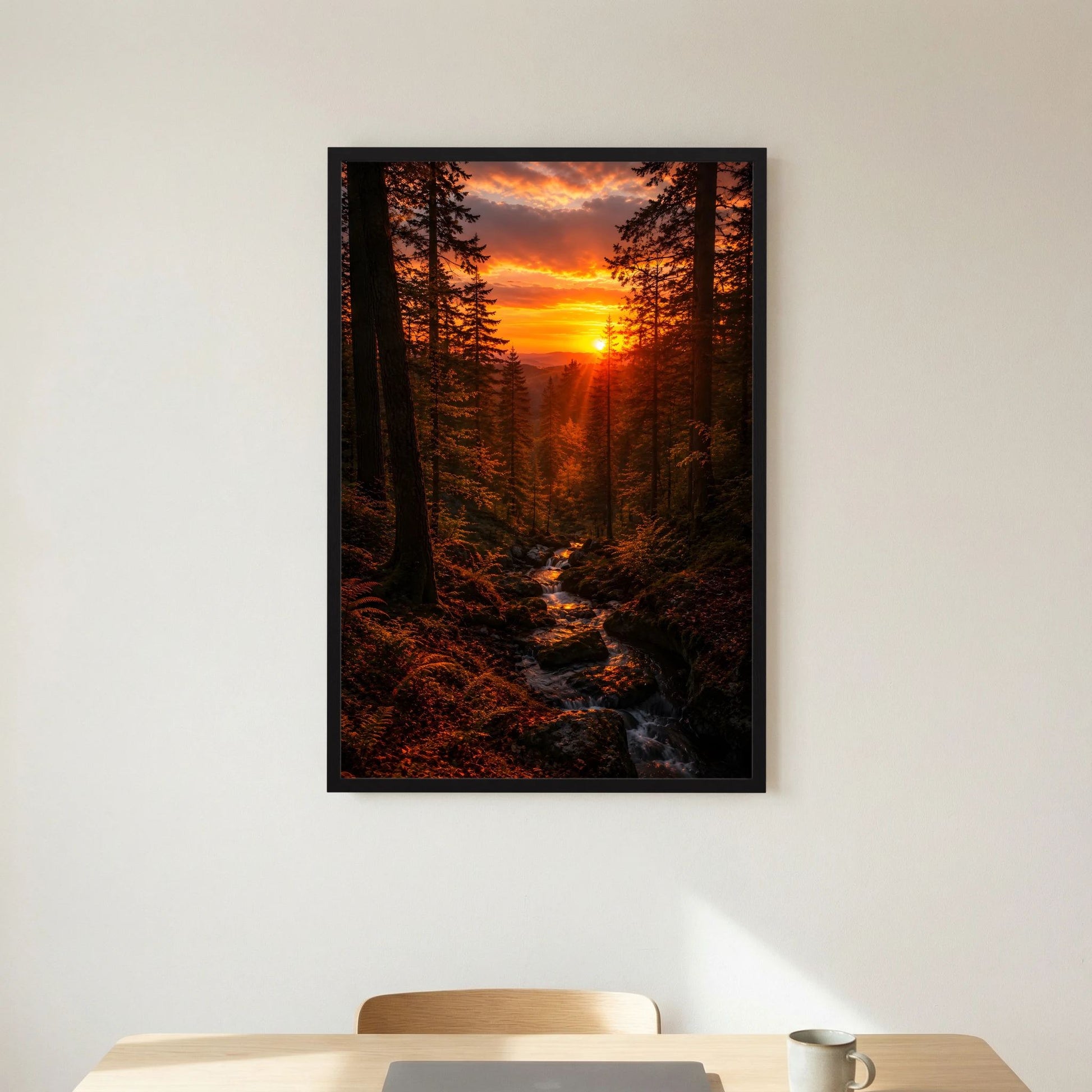 Hochformat-Poster: Waldweg mit Bach im Sonnenuntergang, schwarz gerahmt