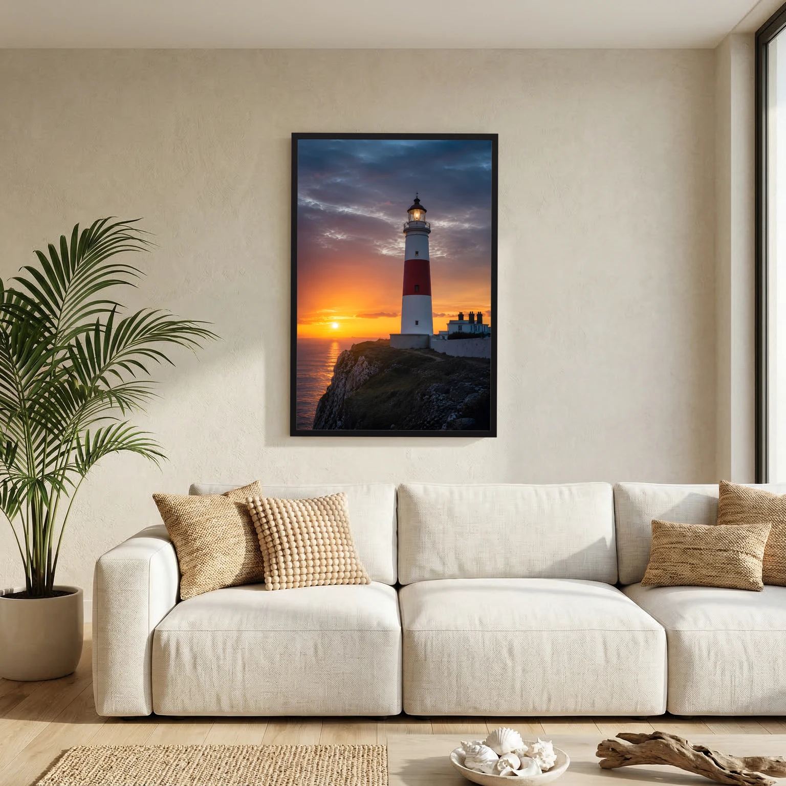Wandposter mit Leuchtturm am Meer bei Sonnenuntergang, schwarzer Rahmen, Hochformat