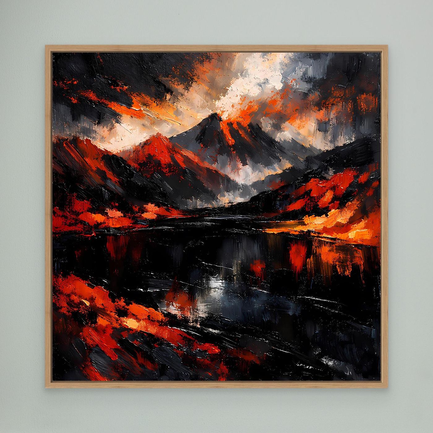 Abstraktes Leinwandbild im hellen Holzrahmen, Vulkan- und Wasser-Motiv in Rot-, Grau- und Schwarztönen