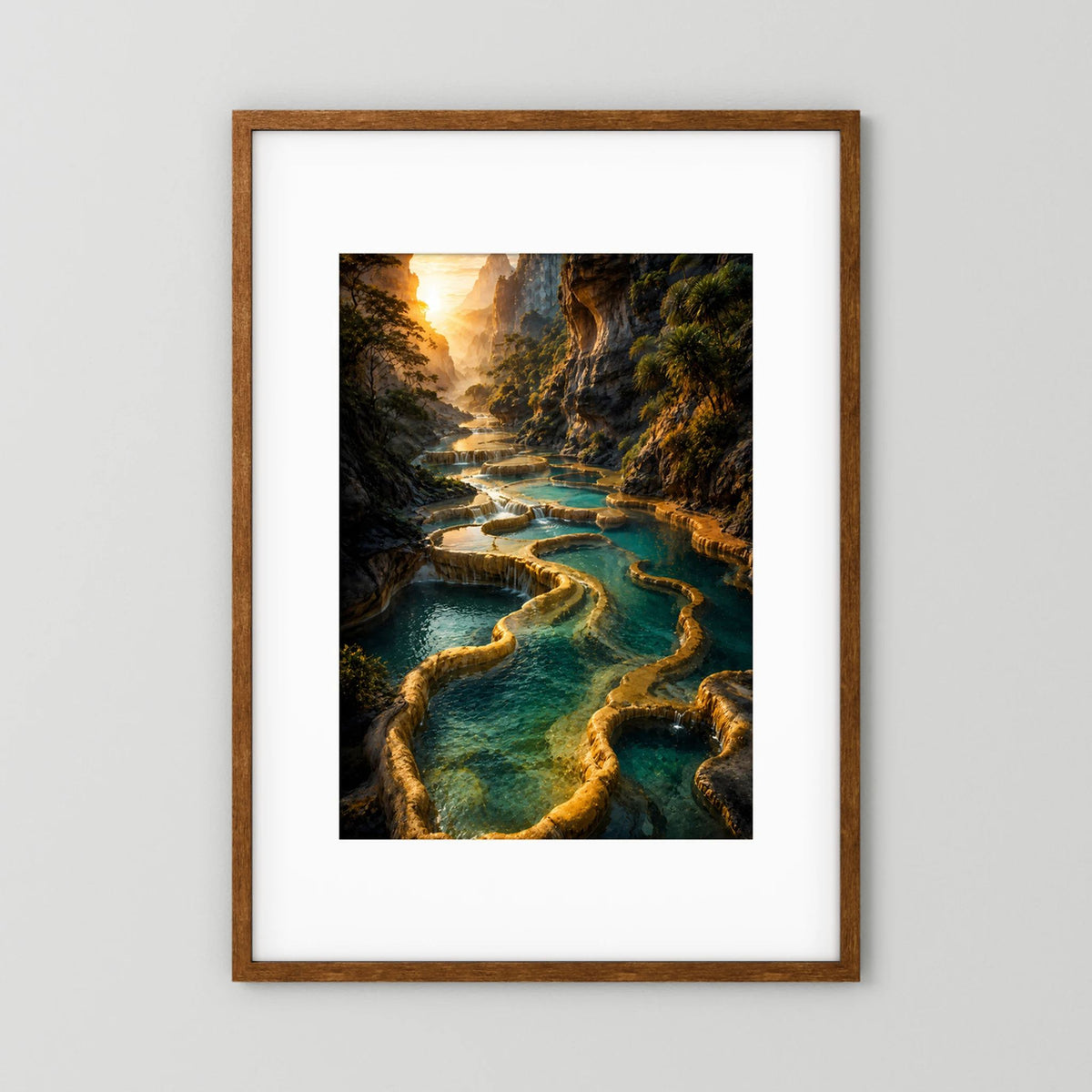 Vertikales Poster im braunen Holzrahmen mit türkisfarbenem Fluss in einer Schlucht