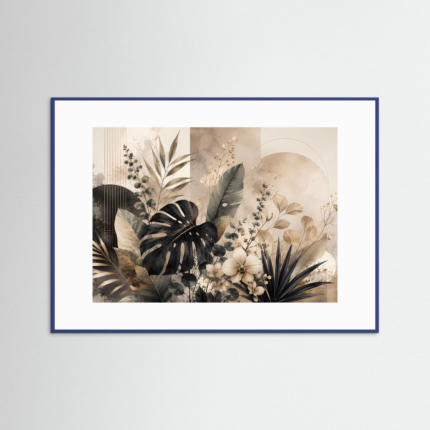 Querformat-Poster mit abstrakter Botanik in Beige, Schwarz und Gold, im blauen Rahmen