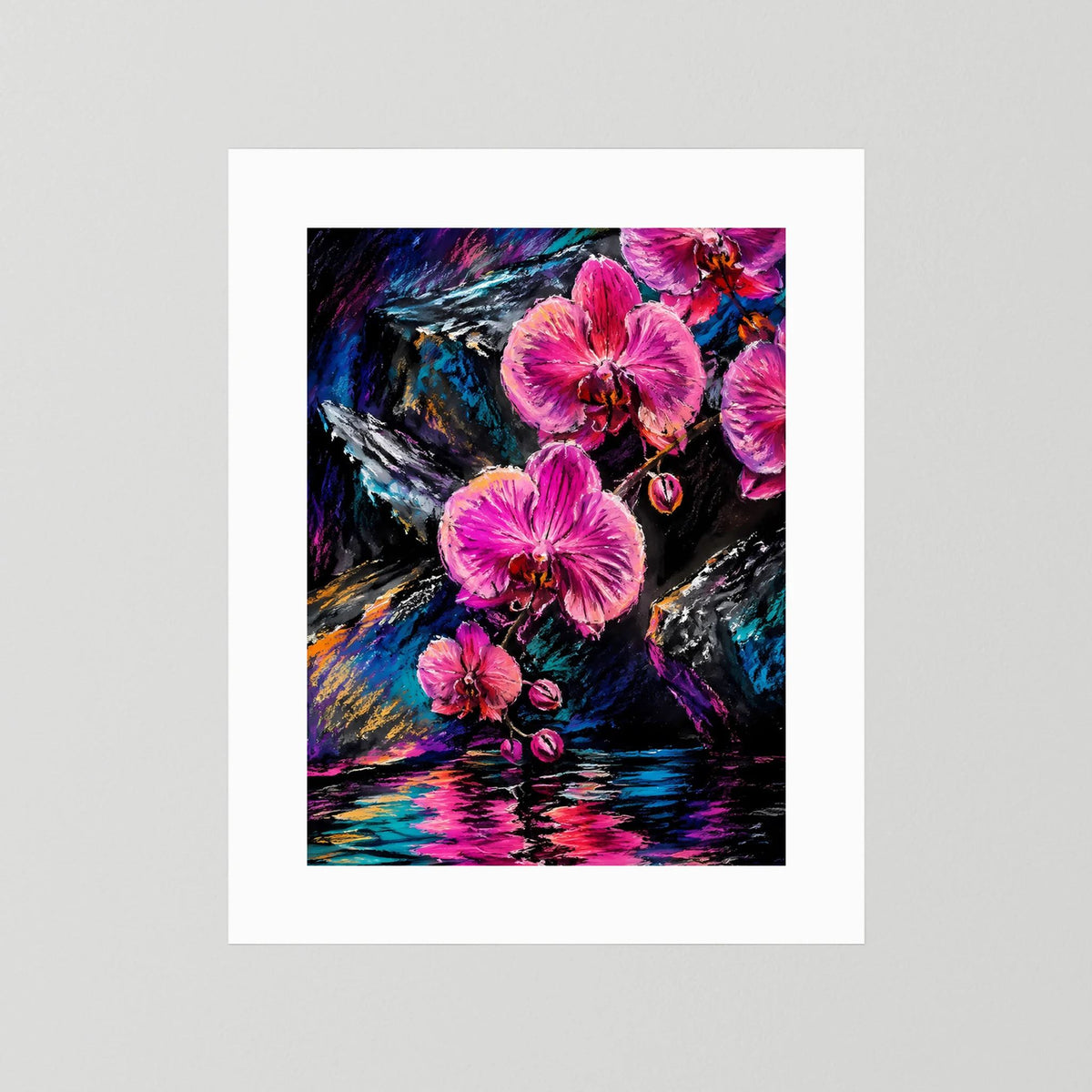 Abstraktes Orchideen-Poster mit pinken Blüten und buntem Reflexionsmotiv, ohne Rahmen.
