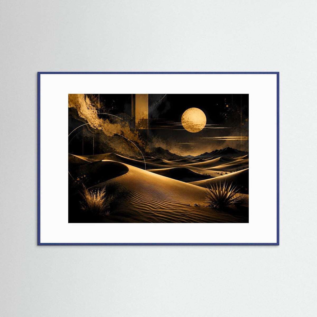 Poster mit abstrakter Wüstenlandschaft: goldene Dünen und Mond vor dunklem Himmel, quer