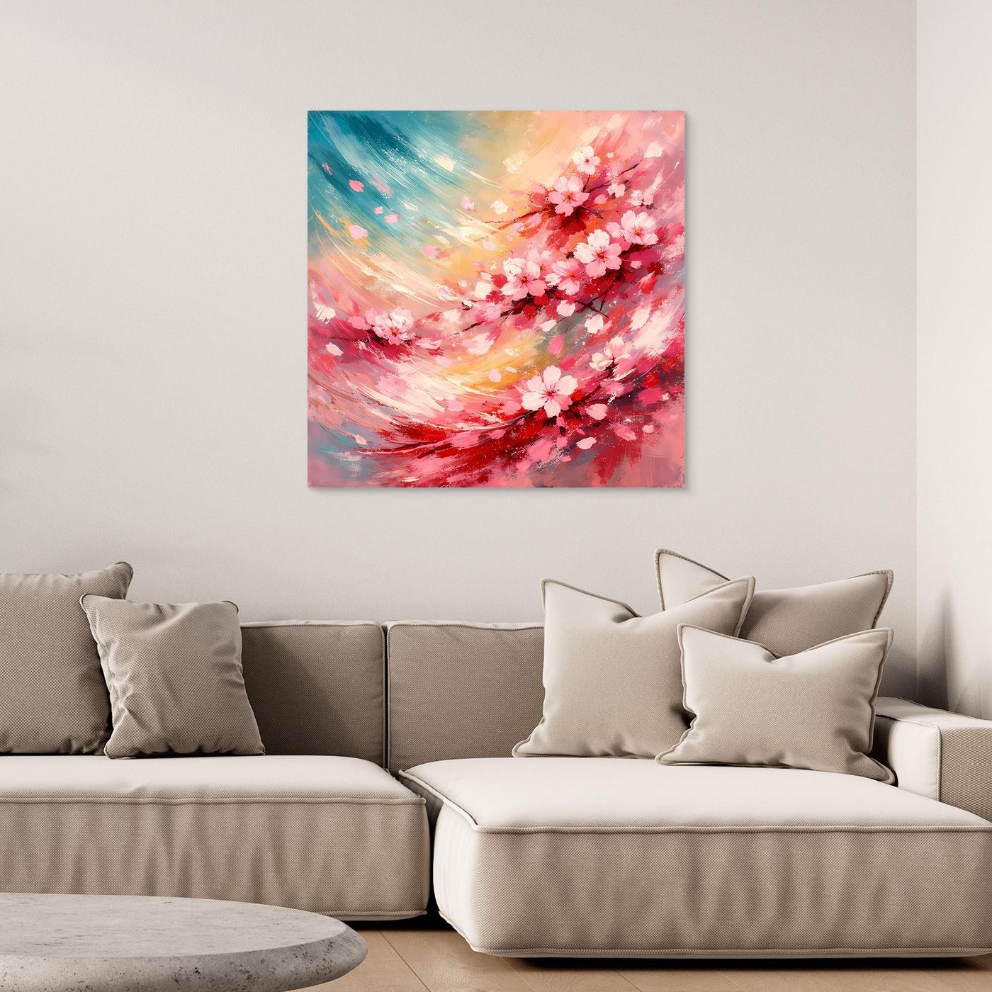 Leinwandbild mit abstrakten Kirschblüten in Rosa und Blau, dynamische Pinselstriche